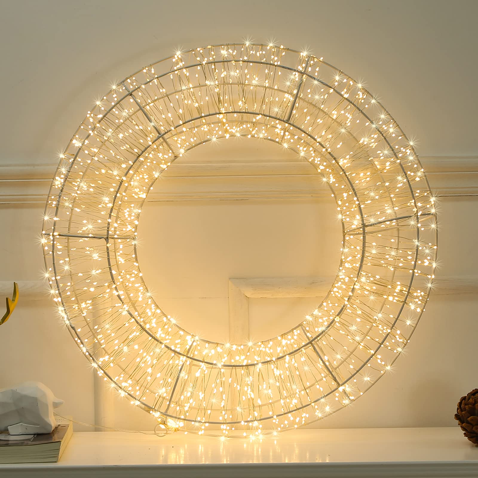 15 Inch 960 Warm White LED Christmas Wreath Decorations - Waterproof Outdoor Large Holiday Wreath with Copper Wire, 8 Lighting Modes & Timer - Perfect for Christmas, New Year, Front Door, Wall, and Home Decor