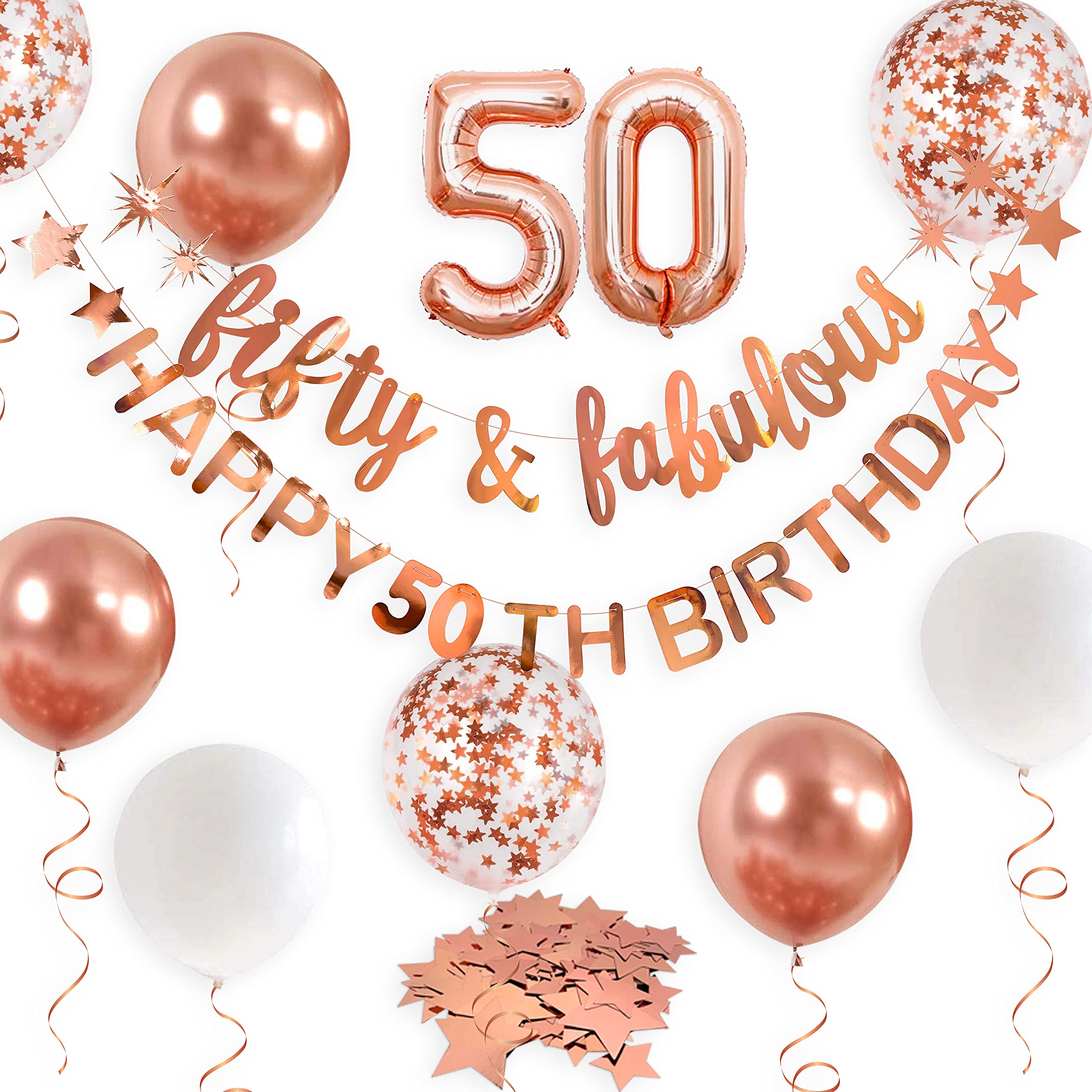 50th Birthday Decorations - Rose Gold 'Fifty & Fabulous' Banner Garland, Foil Balloon & Backdrop Set for Women's Milestone Party | Cheers to 50 Years Celebration Supplies | Perfect for Hanging Decor, Photo Backdrops & Birthday Party Themes