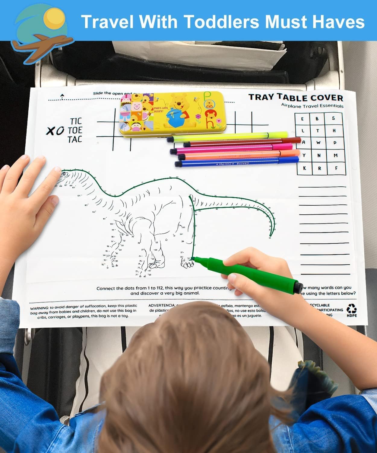 12 Pack Dinosaur Coloring Game Disposable Placemats - Airplane Travel Essentials Tray Table Cover for Kids & Toddlers | Safe & Hygienic Surface Protector | Perfect for Flights, Road Trips & Restaurants