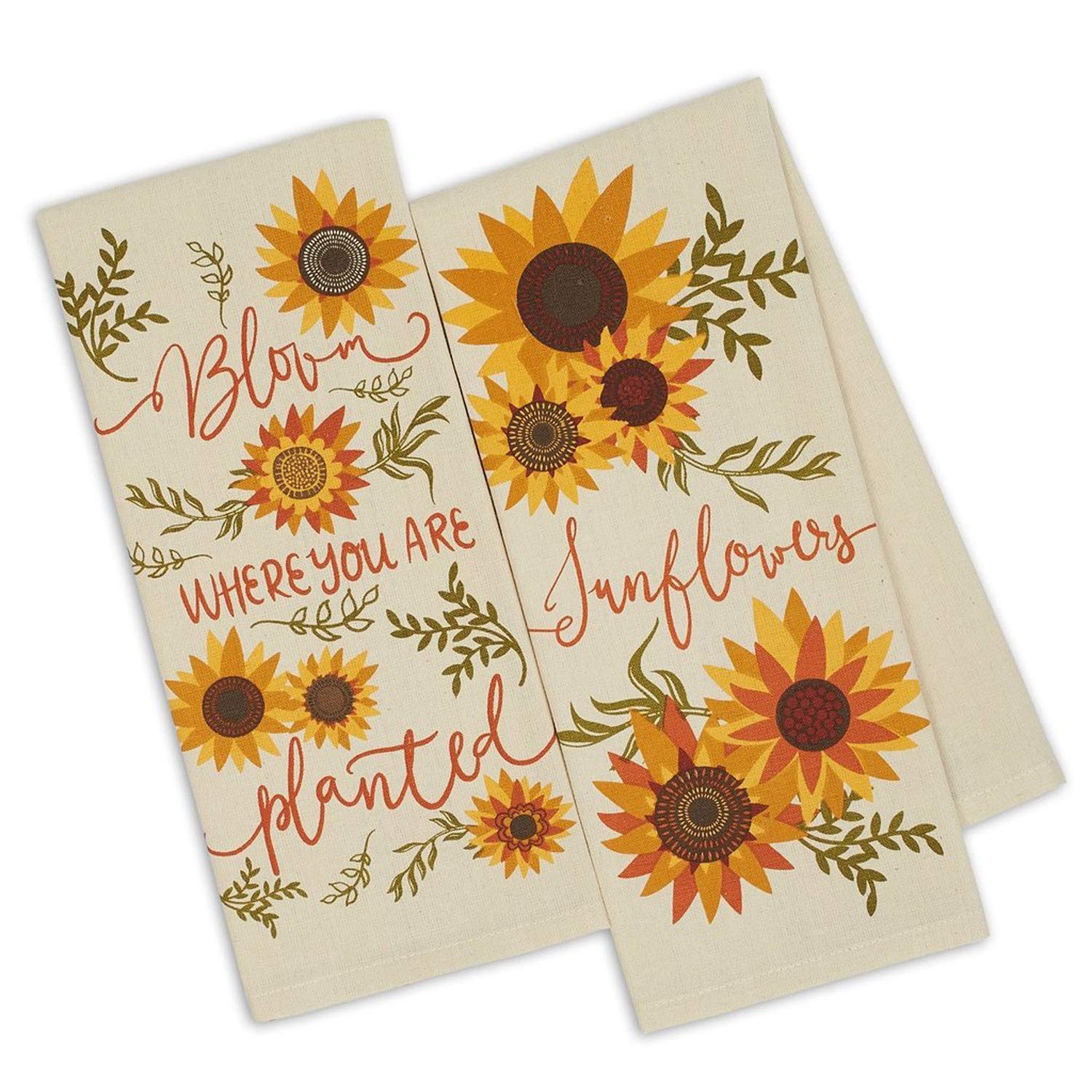 Design Imports DII Set of 2 Sunny Sunflower Printed Kitchen Dish Towels - Bloom Where You Are Planted - Farmhouse Kitchen Decor for Cooking, Baking & Hosting