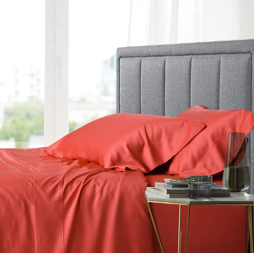 Premium 100% Bamboo Queen Sheet Set - 4pc Silky Soft Deep Pocket Cooling Bed Sheets | Temperature Regulating, Moisture Wicking & Breathable Fabric in Relaxing Coral | Perfect for Hot Sleepers, Summer Nights & Allergy Relief
