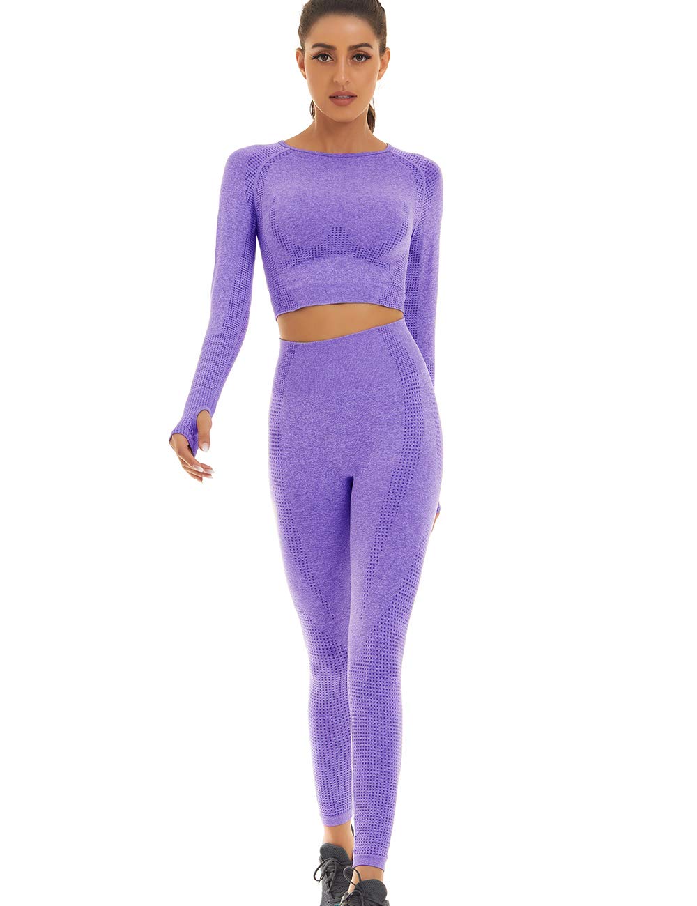 Seamless Women's Workout Outfits - Athletic 2-Piece Set with High-Waisted Leggings & Long Sleeve Top | Gym, Yoga, Running & Fitness Apparel for Women