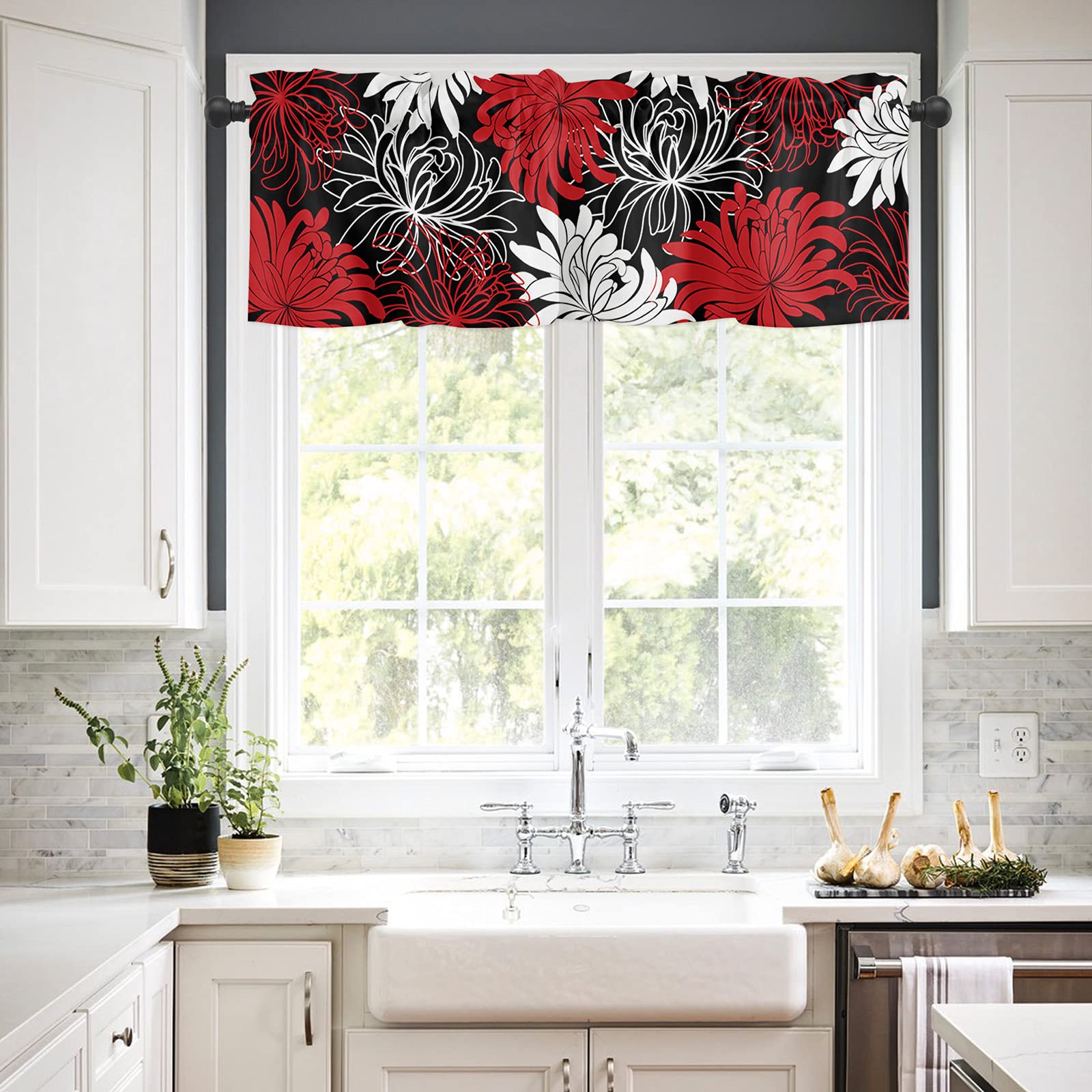 Floral 1 Panel Kitchen Curtain Valance with Rod Pocket - 54x18 Inch Insulated Blackout Window Drape for Bathroom or Small Windows (Chrysanthemum Flower Red/Black/White) - Perfect for Privacy, Light Control & Home Decor