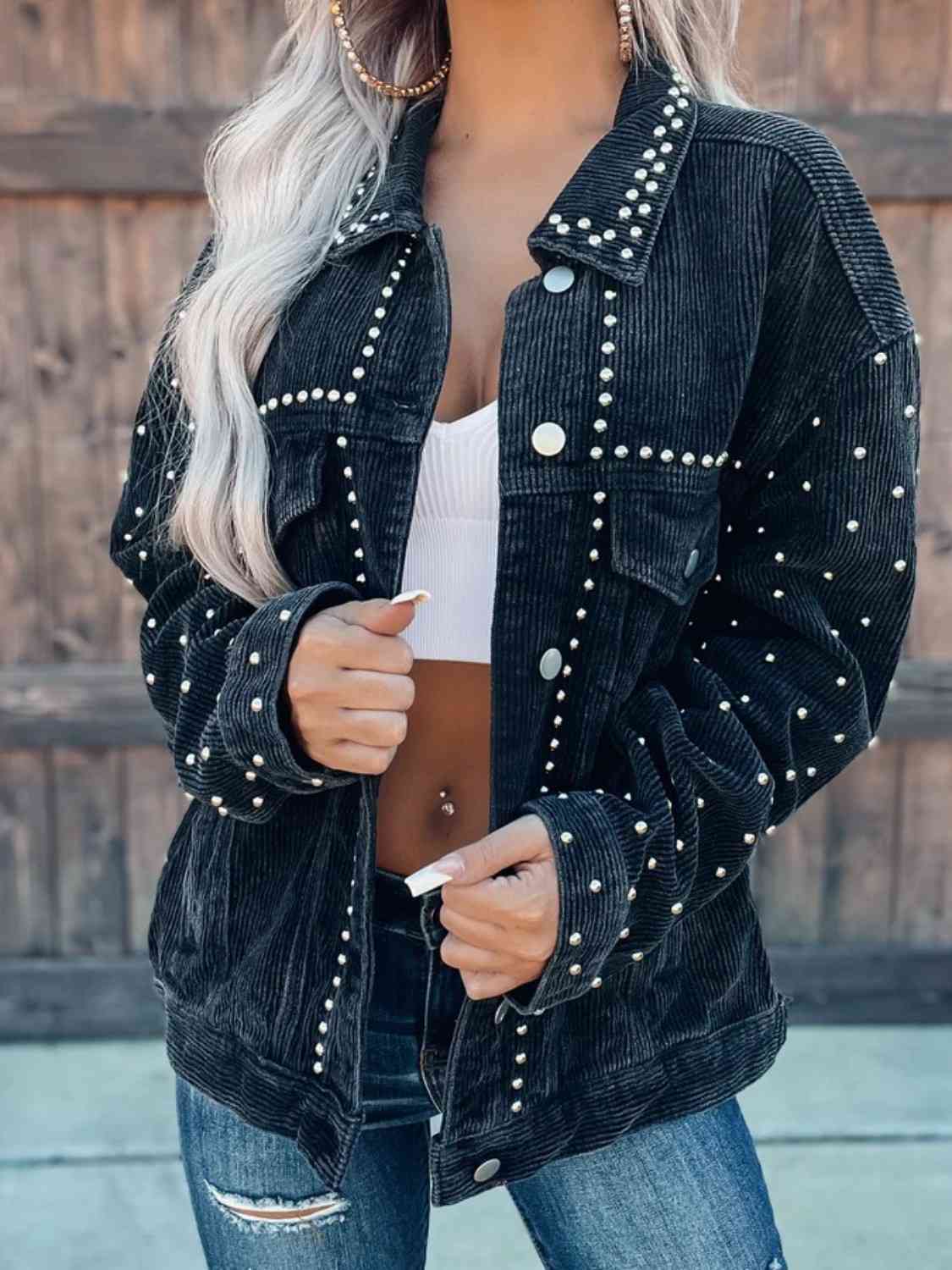Stylish Studded Collar Button Down Jacket for Women - Trendy Punk Rock Fashion Outerwear for Concerts, Night Out & Street Style