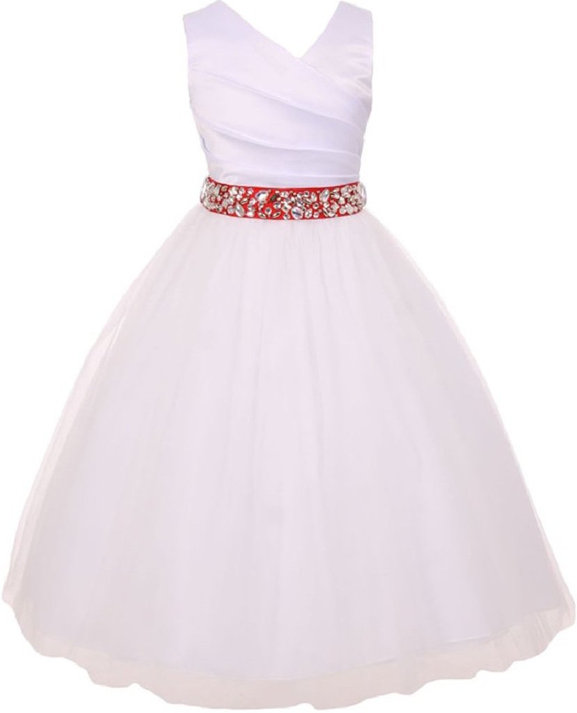 Elegant V-Neck Rhinestone Belt Flower Girl Dress for Little Girls - BluNight Collection | Perfect for Weddings, Parties & Special Occasions