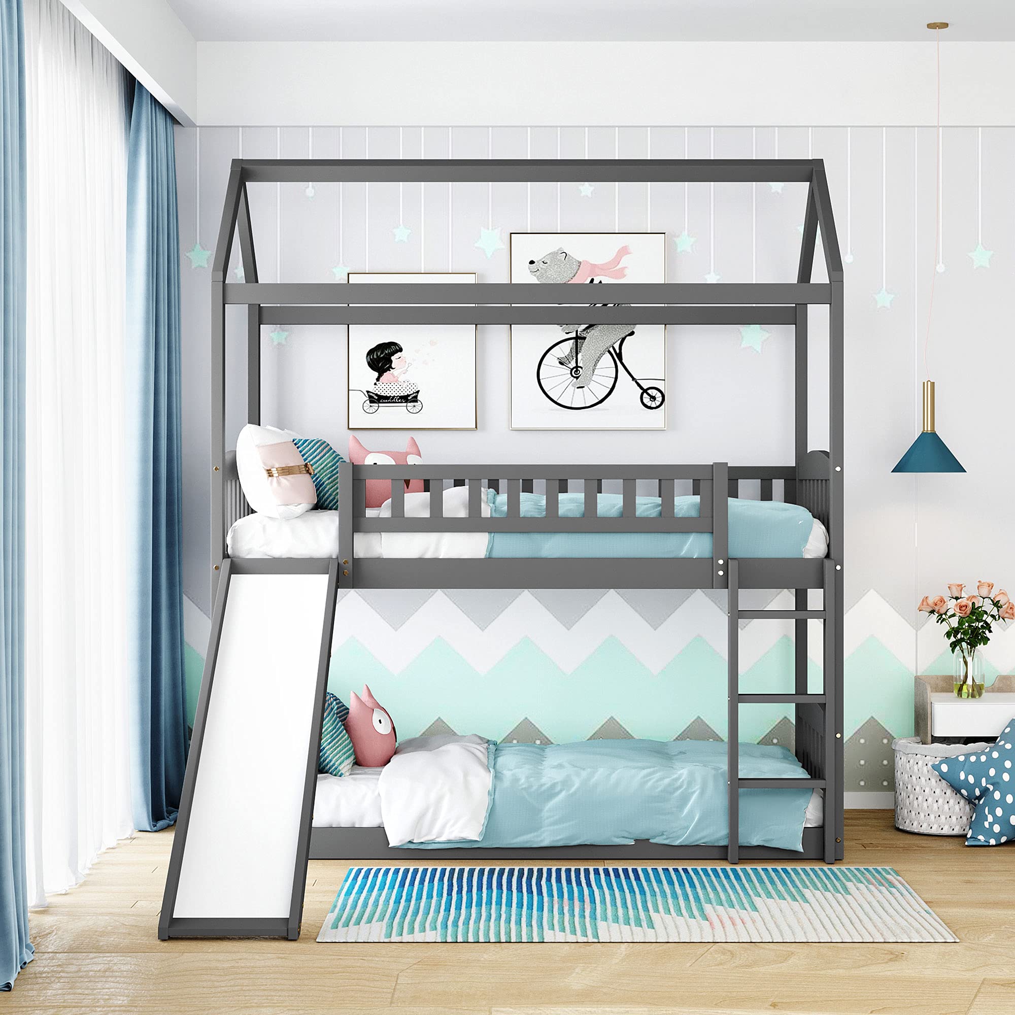 **Twin Over Twin Wooden Bunk Bed with Slide & Ladder - Space-Saving Kids Bunk Bed Frame for Boys & Girls, No Box Spring Needed, Gray - Perfect for Small Bedrooms, Shared Kids Rooms & Sleepovers**