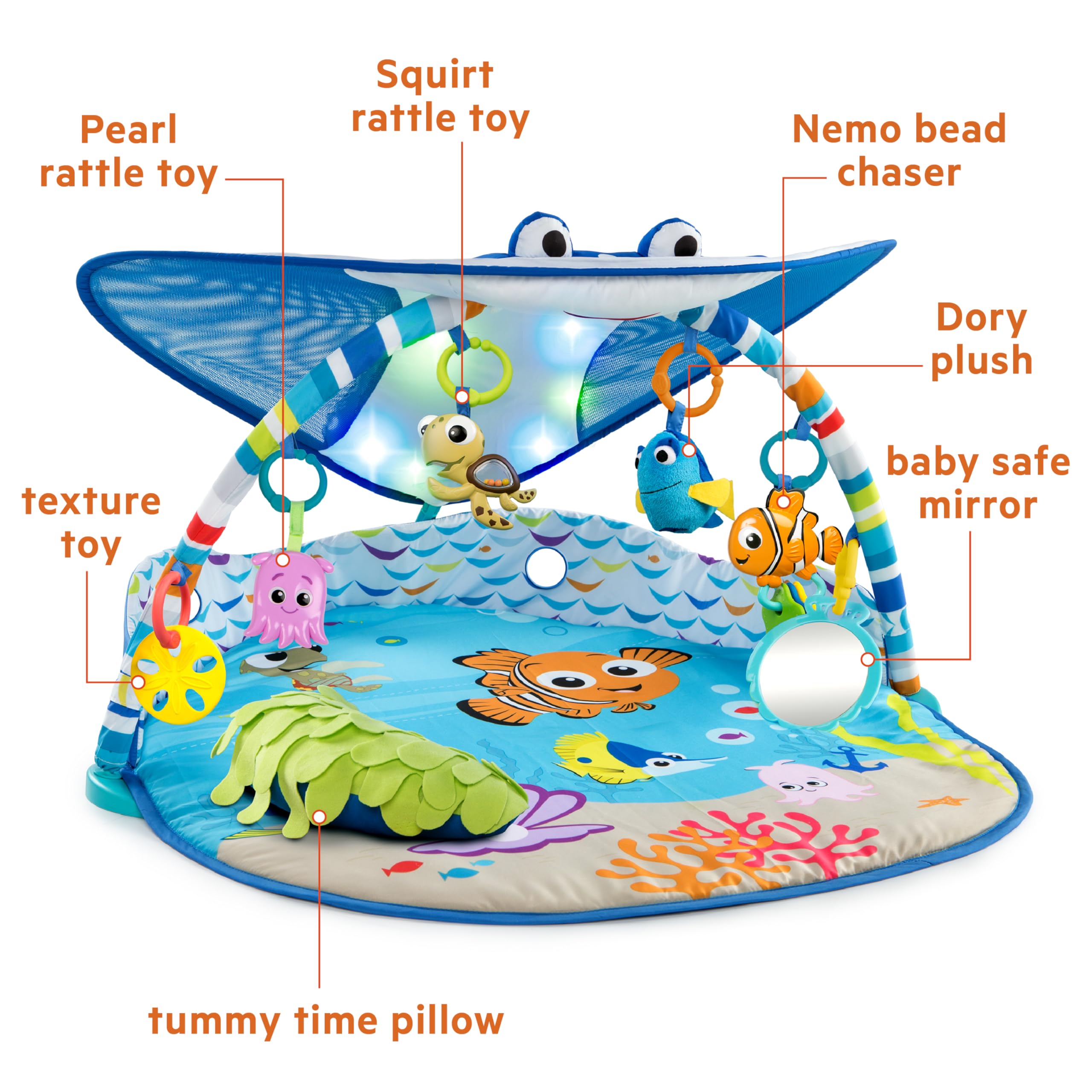 Bright Starts Disney Baby Finding Nemo Sea of Activities Jumper for Infants 6+ Months & Mr. Ray Ocean Lights Music Play Gym for Newborns - Interactive Baby Toys for Developmental Play, Nursery Decor, and Disney-Themed Gift Ideas