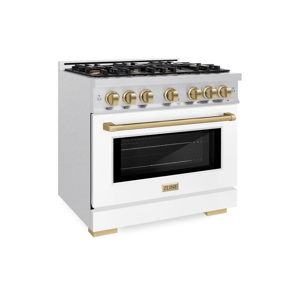 ZLINE Autograph Edition 36-inch 5.2 cu. ft. Dual Fuel Range - 6 Burner Gas Cooktop & Electric Convection Oven - Satin Stainless Steel with White Matte Door & Champagne Bronze Accents (HDRSZ WM 36 CB) | Professional Kitchen Appliance for Home Chefs & Cooking Enthusiasts