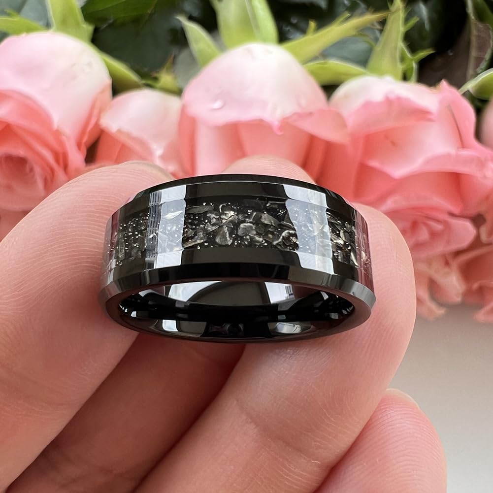6mm & 8mm Silver and Black Tungsten Rings for Men and Women - Meteorite Inlay Wedding Bands, Promise & Engagement Rings with Beveled Edges, Polished Shiny Finish, Comfort Fit - Perfect for Anniversaries, Proposals and Everyday Wear
