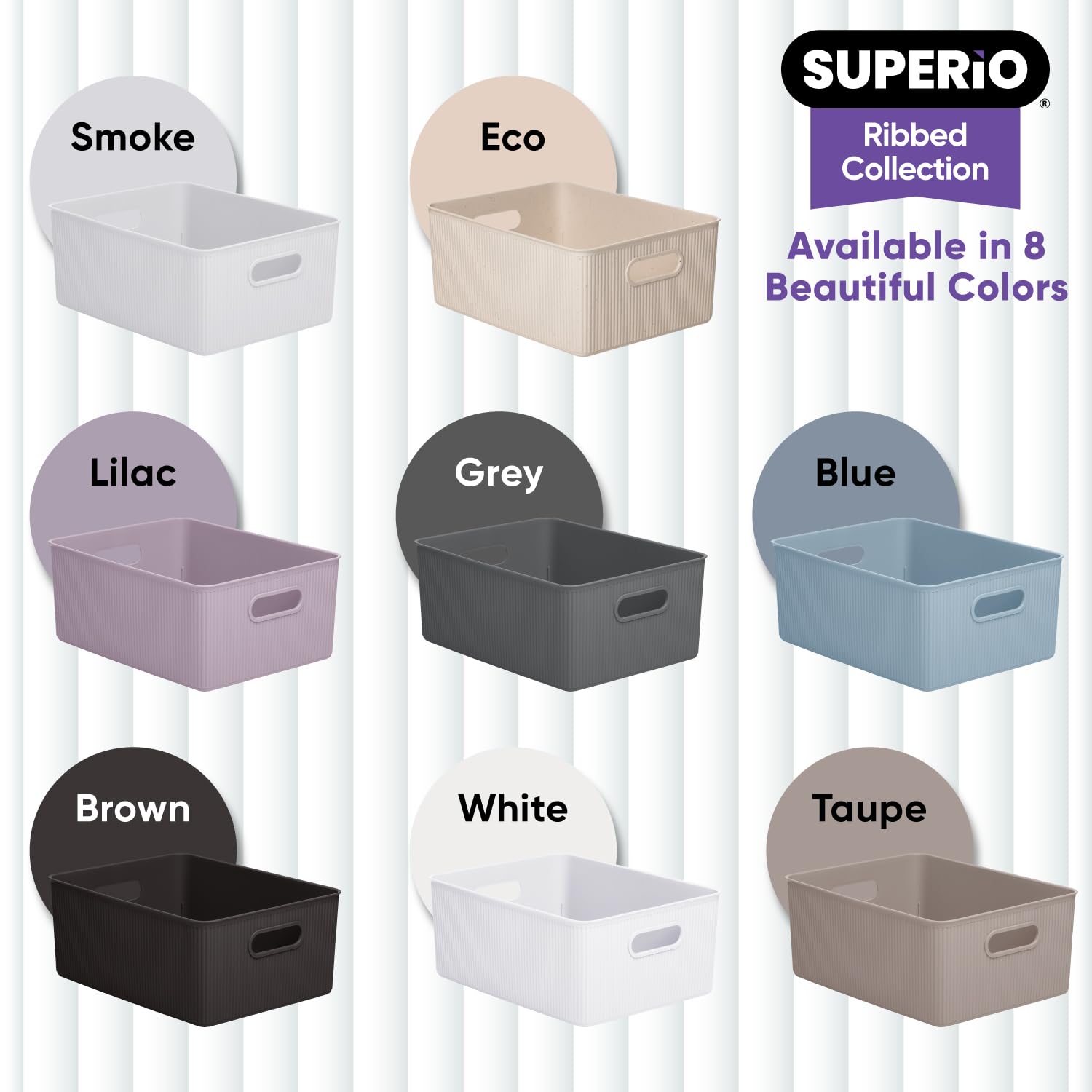 Superior Ribbed Plastic Storage Bins - 2 Pack Large Taupe Organizer Baskets (15L/16Qt) for Home, Closet, Shelves & Drawer Organization | Decorative Open Storage Boxes for Bedroom, Bathroom & Office