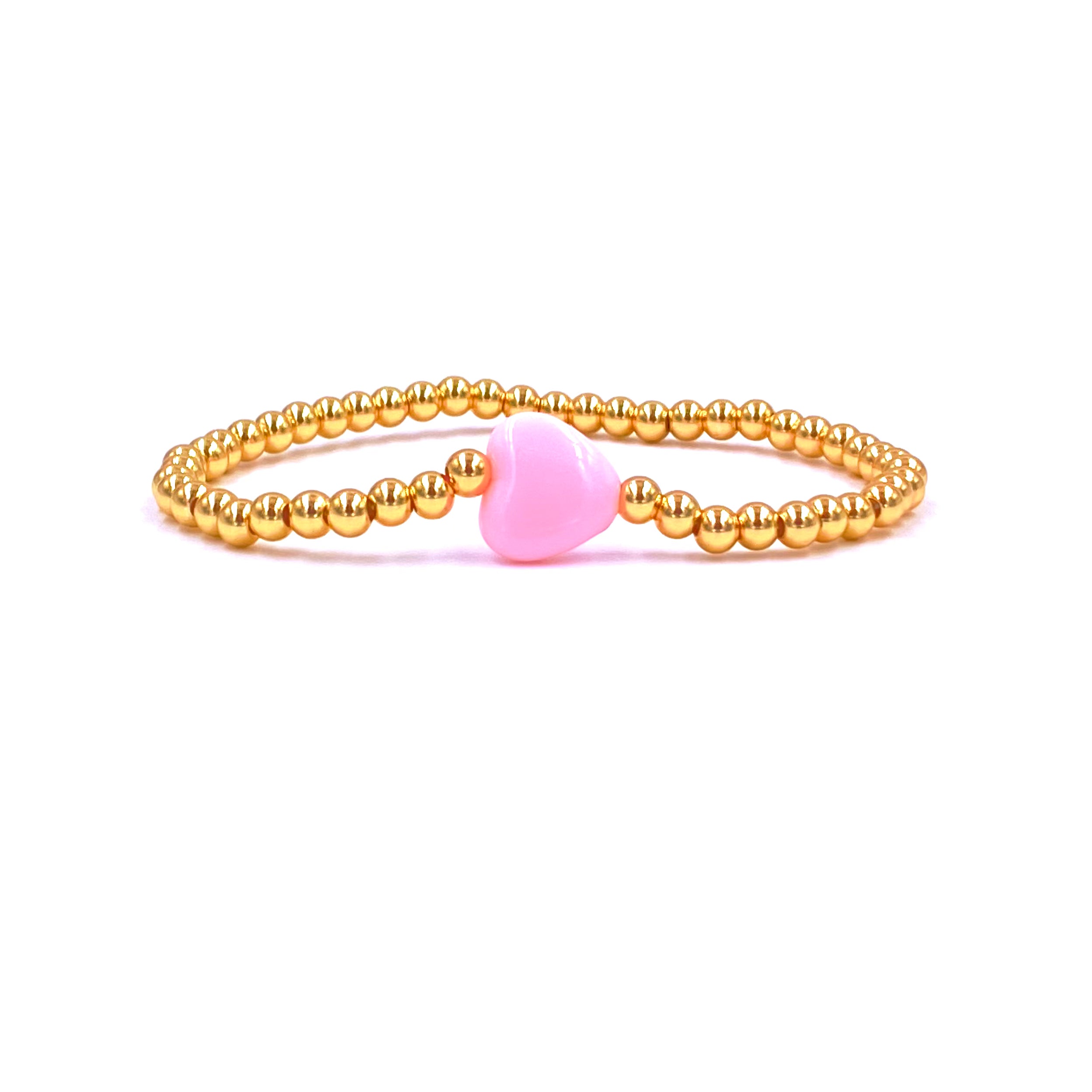 Ashley Gold Stainless Steel Beaded Stretch Bracelet with Enamel Heart Charm - Elegant Jewelry for Women, Perfect for Valentine's Day Gifts, Anniversary Presents & Everyday Wear