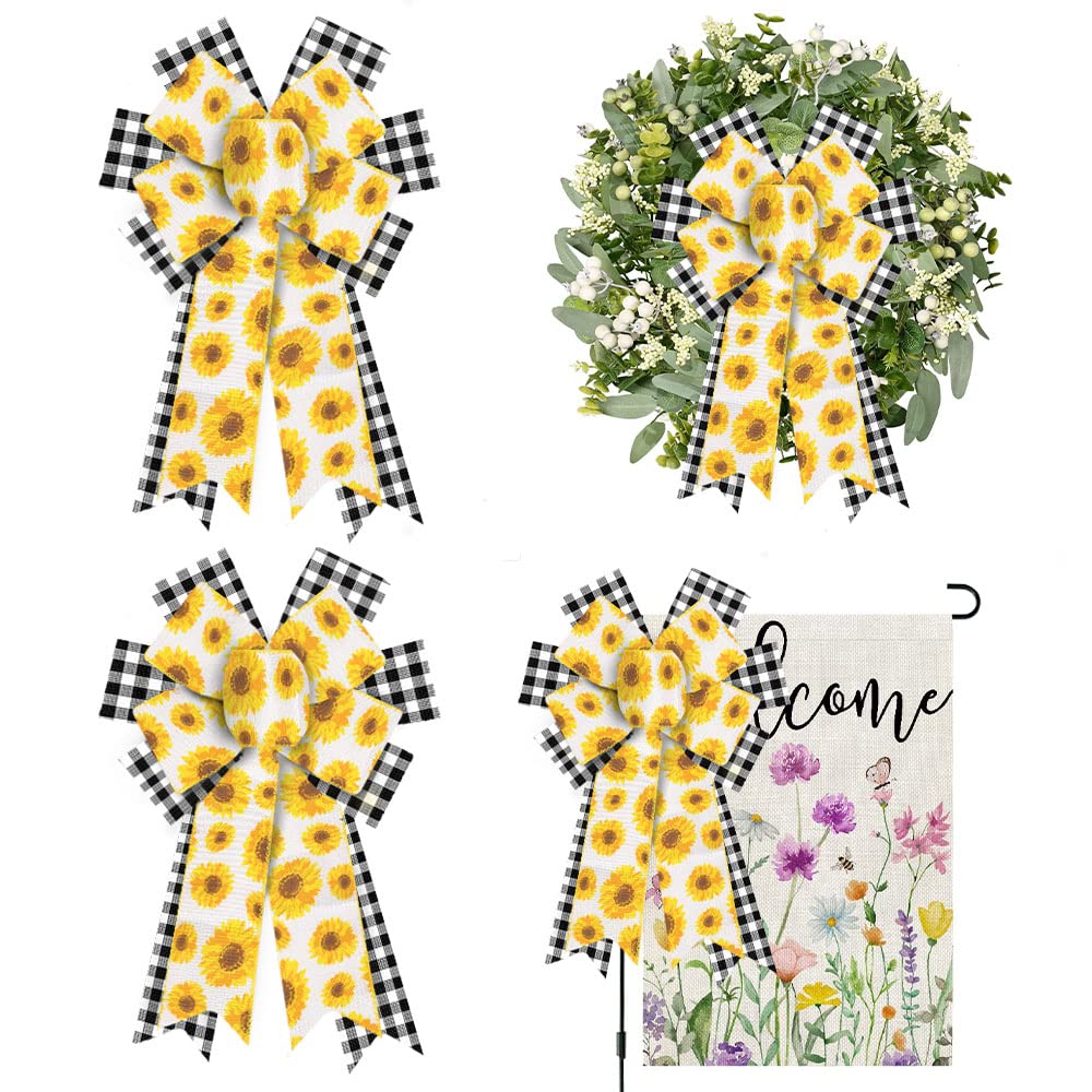 ALIBBON 2-Pack Spring Floral Bows for Wreaths - Sunflower & Daisy Decorative Ribbons in Buffalo Plaid Pattern, Perfect for DIY Crafts, Seasonal Home Decor, and Indoor/Outdoor Wreath Embellishments | Ideal for Easter, Spring Parties & Front Door Decorations