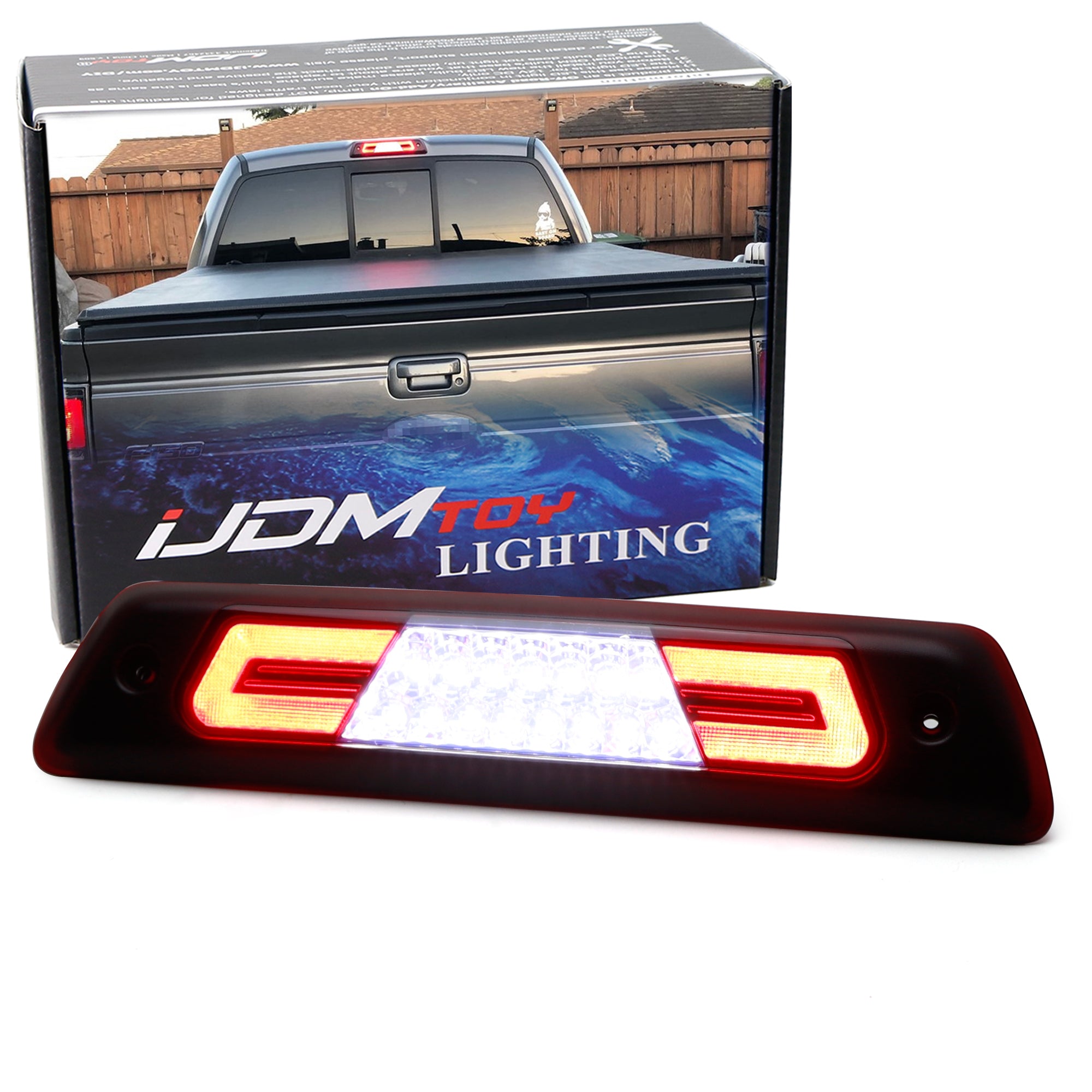 Dark Red Double C Ring Full LED High Mount 3rd Brake Light Compatible with Ford F150 2009-2014 Models - Enhanced Visibility & Safety for Pickup Trucks
