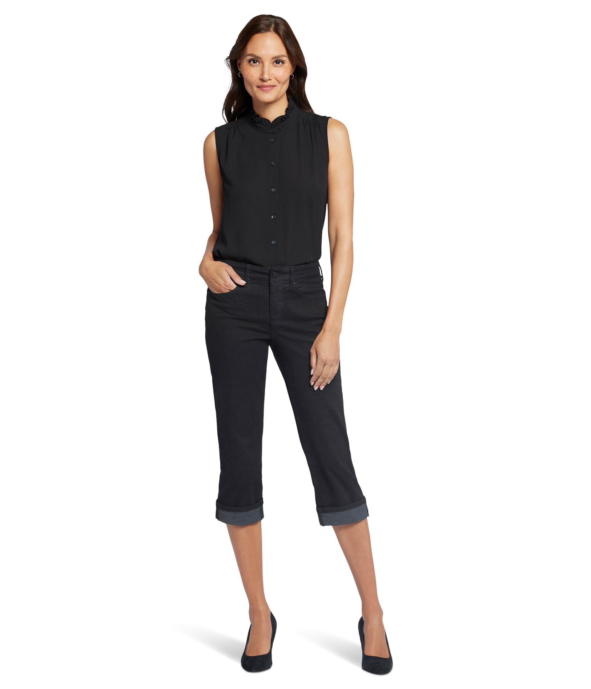 NYDJ Women's Marilyn Crop Cuff Jeans - Black High Waist Slim Fit Stretch Denim Pants for Work, Casual & Everyday Wear