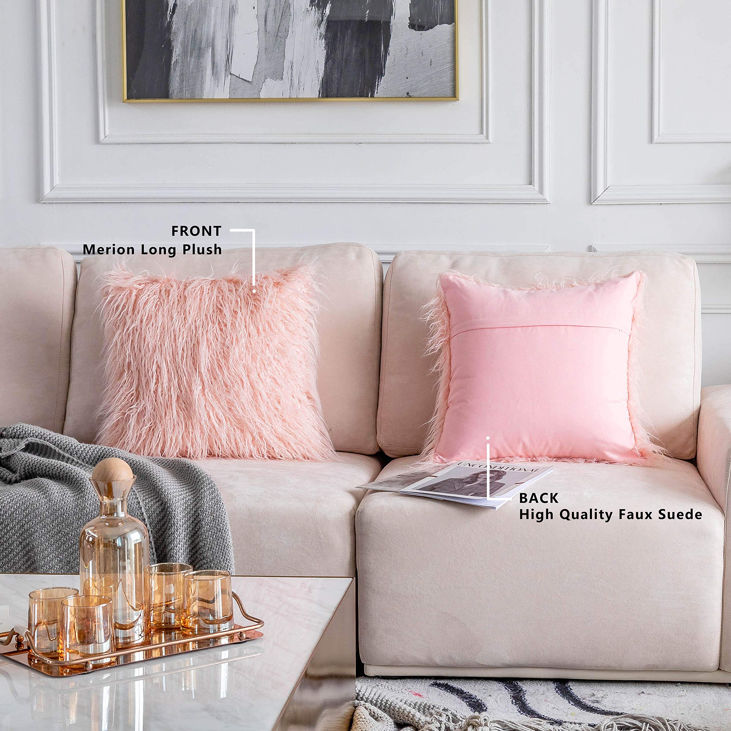 Luxury Faux Fur Pillow Covers Set of 2 - 18x18 Inch Soft Fluffy Blush Pink Throw Pillows for Couch, Bedroom Decor - Cozy Accent Pillows for Girls Room, Living Room & Home Styling