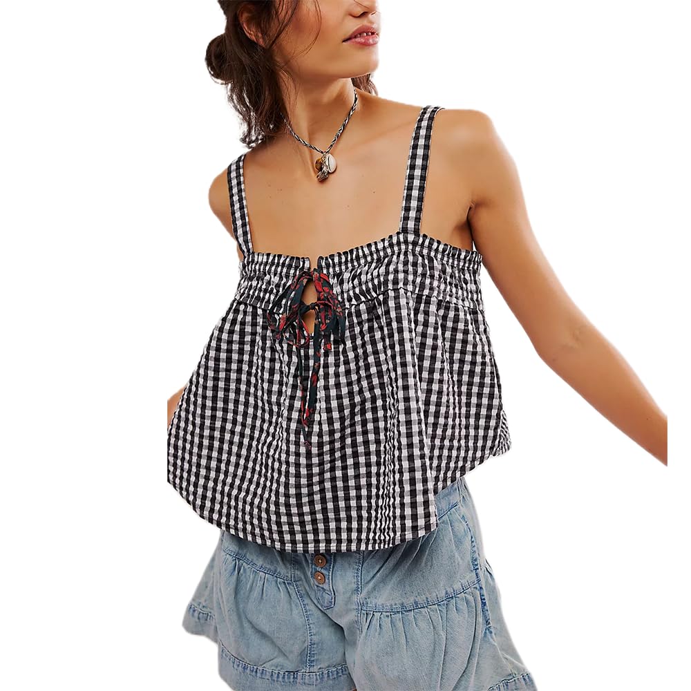 Y2K Women's Plaid Tank Top - Cute Gingham Tie Front Sleeveless Backless Peplum Camisole for Summer | Streetwear Fashion, Going Out Tops, Casual Outfits & Party Wear