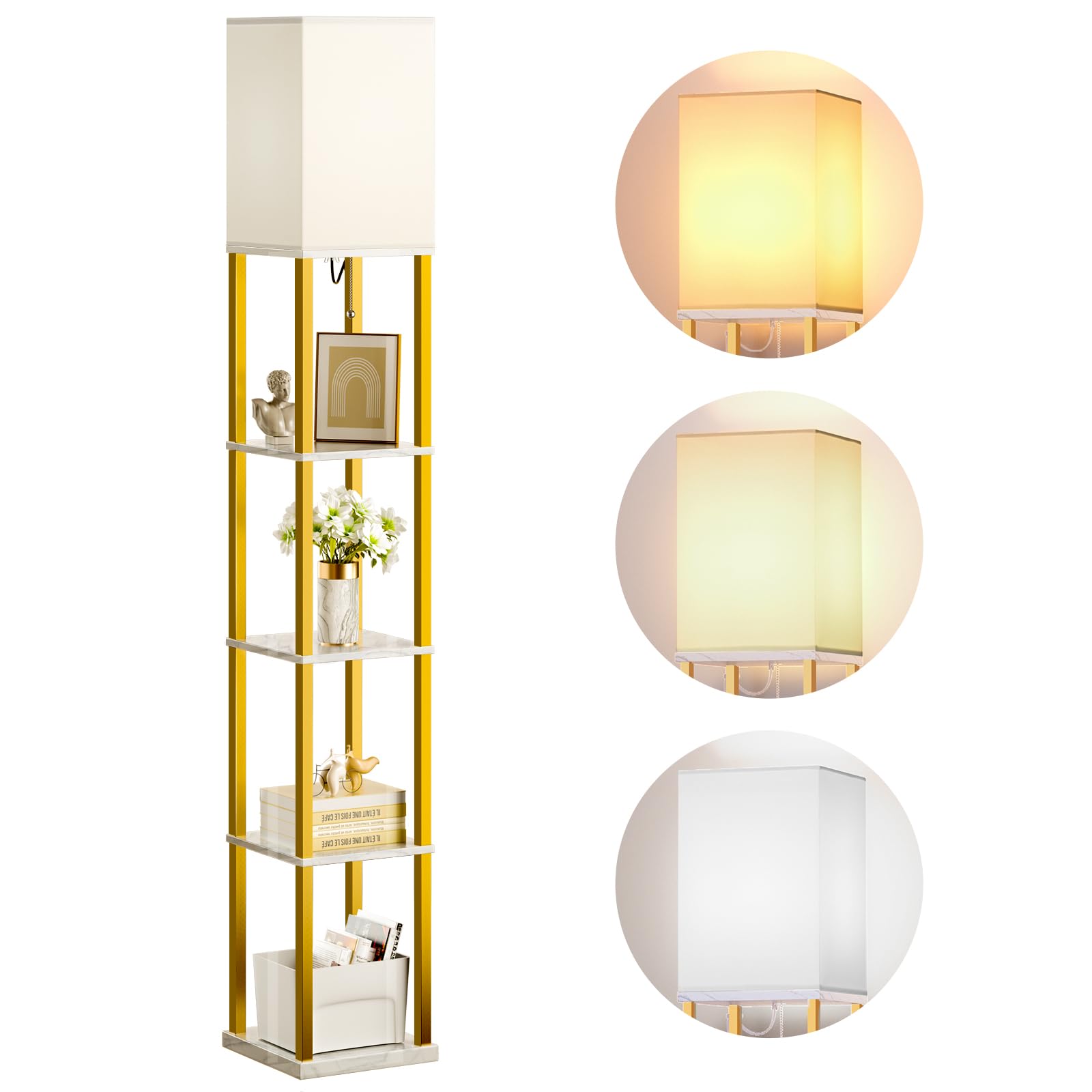 Addlon 5-Tier Modern Shelf Floor Lamp with 3CCT LED Bulb - Marble Texture & Gold Frame Display Lamp for Living Room, Bedroom, Office - Perfect for Reading, Decor & Ambient Lighting