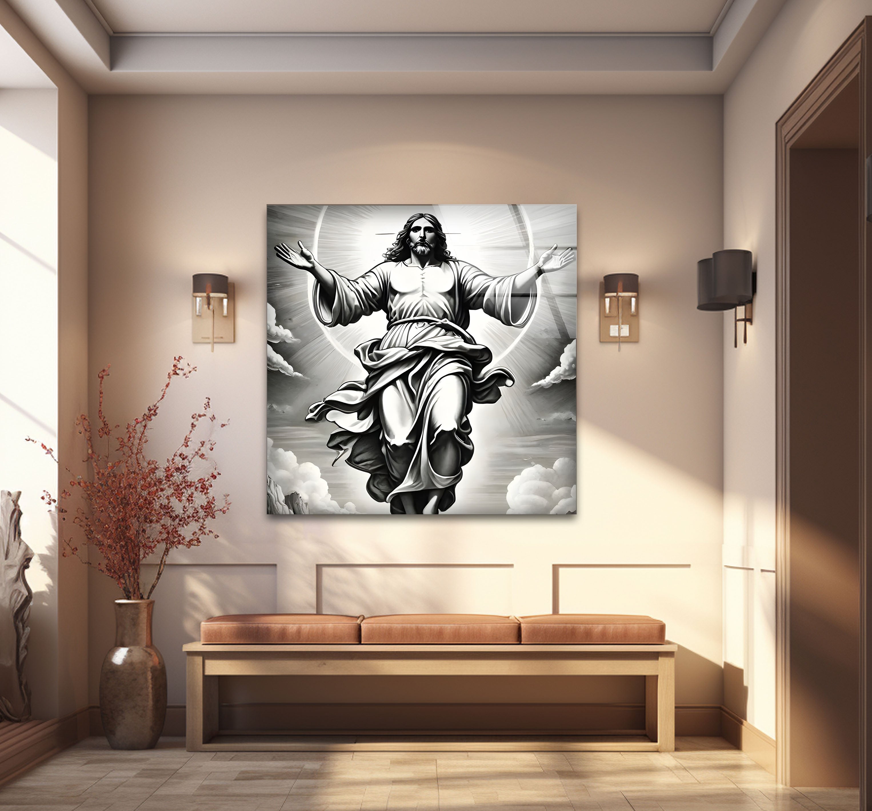 Black and White Jesus Christ Glass Wall Art - Religious Home Decor for Living Room, Bedroom & Church