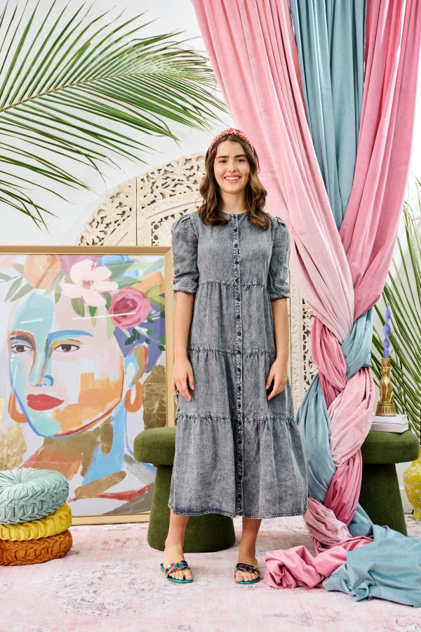 Alexandre Laurent Women's Soft Grey Denim Button Down Dress - Casual Chic Style for Work, Date Night & Weekend Outings