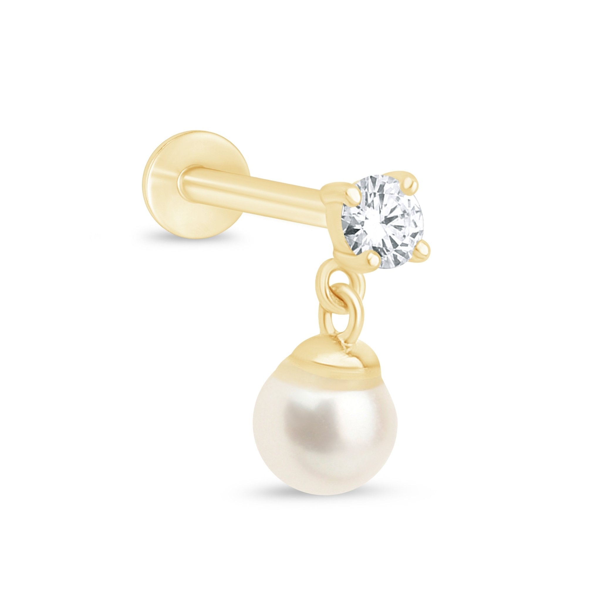 14k Solid Yellow Gold Diamond and Pearl Drop Earrings - Elegant Flat Back Studs for Women, Perfect for Weddings, Parties & Everyday Wear