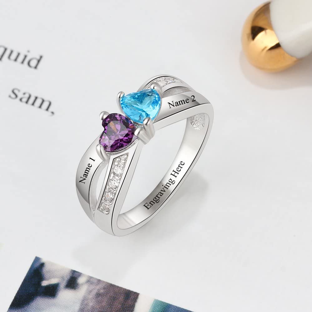 Personalized Simulated Birthstone Rings for Women - Custom Name Engraved Mothers Rings & Promise Rings - Perfect Gift for Mom, Anniversary, Wedding, or Valentine's Day