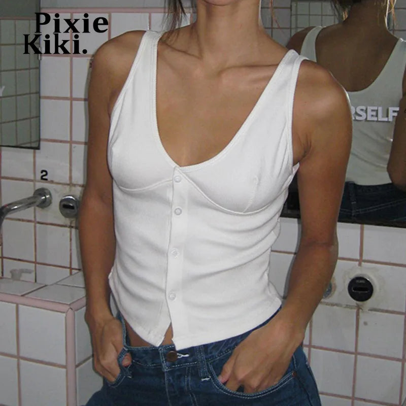 Women's Basic White Ribbed Tank Top - Casual Button Up V-Neck Sleeveless Summer Tops 2024 | Perfect for Beach Outings, Layering & Everyday Wear