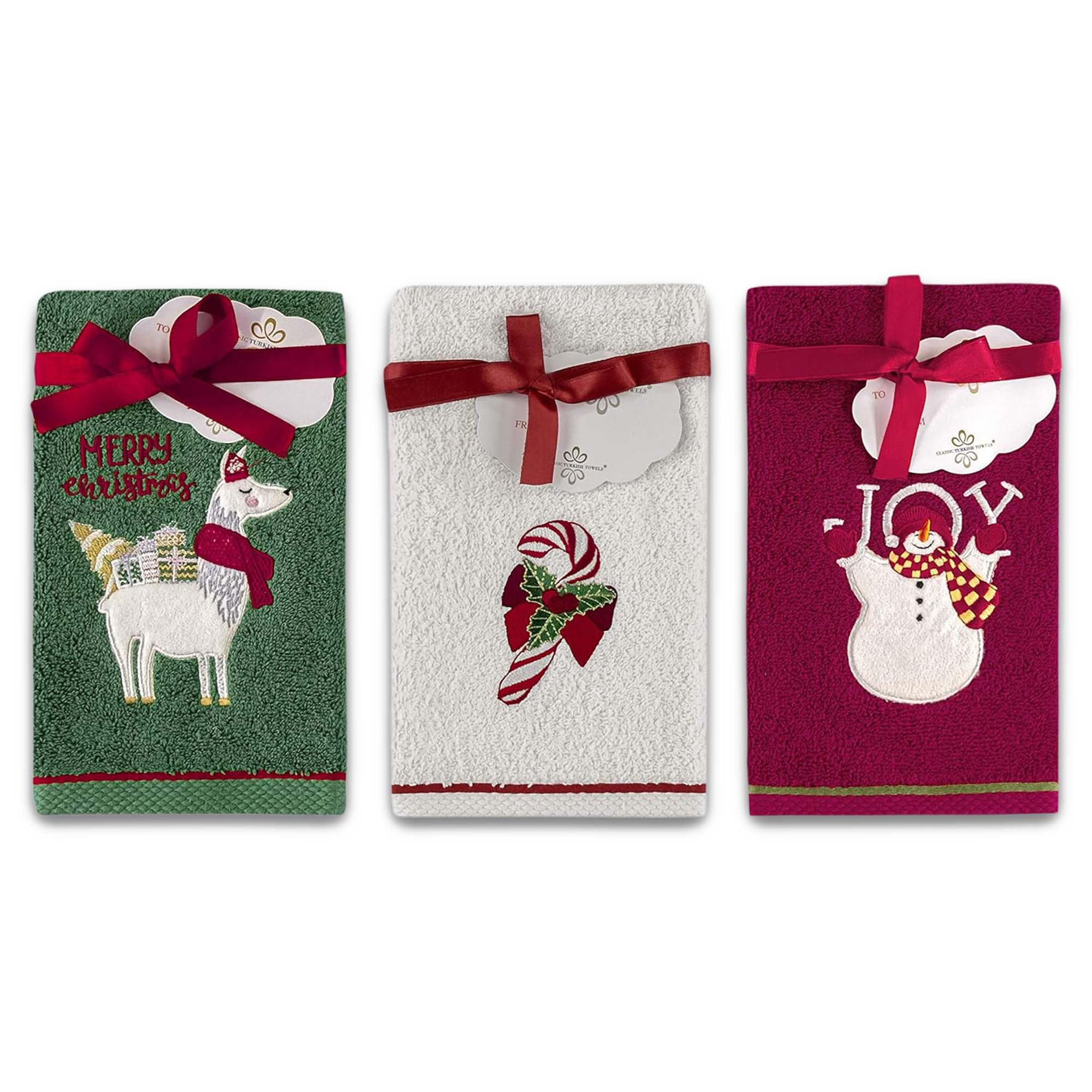 6-Piece Classic Turkish Christmas Towel Set - Embroidered Holiday Finger Hand Towels, Combed Cotton Kitchen Towels with Llama Design | Perfect for Holiday Decor, Gift Giving & Festive Kitchen Use