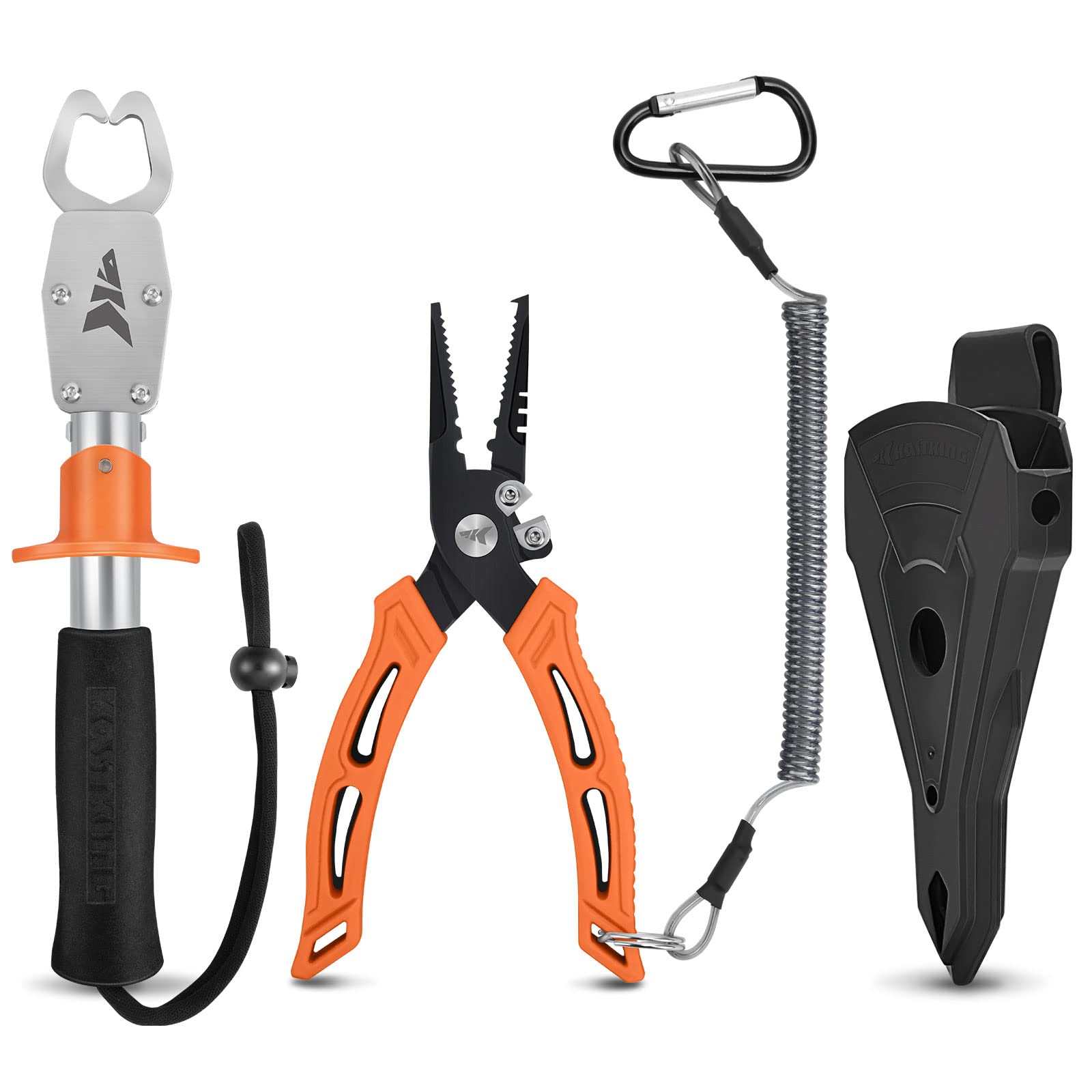**KastKing Saltwater Resistant Fishing Pliers & Lip Gripper Combo – Durable Fishing Gear with Rubber Handle, Lanyard, Line Cutter, Hook Remover & Sheath – Perfect for Ice Fishing, Freshwater & Saltwater Anglers – Great Gift for Men**    *(Use Cases: Ideal for catching bass, trout, or saltwater species; essential for removing hooks, cutting lines, and handling fish safely during ice fishing or boat trips.)*