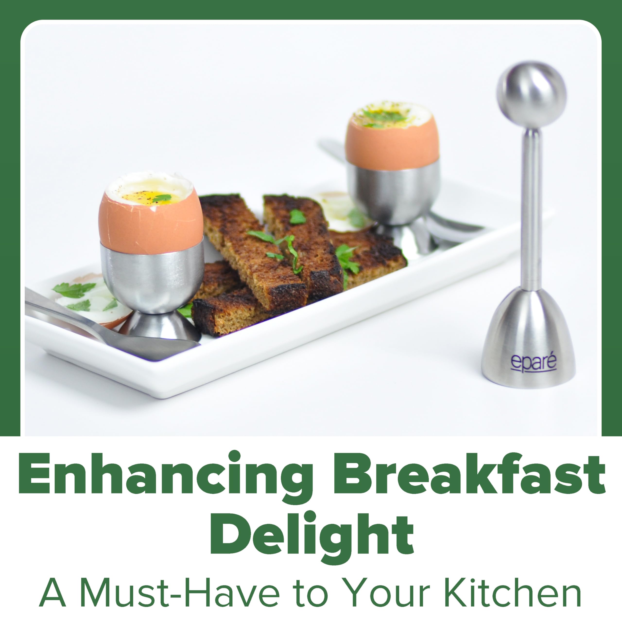 Eparé Stainless Steel Egg Cups & Cracker Set - British Style Soft Boiled Egg Holder with Egg Topper Cutter & Spoons - Perfect for Breakfast, Brunch, and Elegant Dining