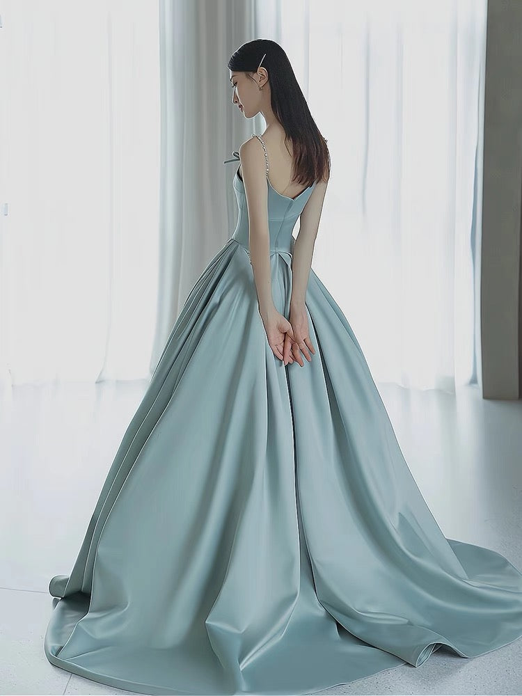 Elegant A-Line Blue Satin Long Prom Dress for Formal Parties & Evening Events - Perfect for Homecoming, Graduation, and Special Occasions - Style J3242