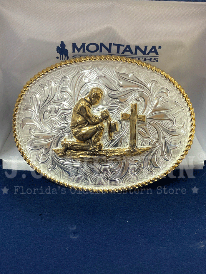 Montana Silversmiths 1256 917L Praying Cowboy Western Buckle - Sterling Silver Belt Buckle for Men - Perfect for Rodeo, Western Wear & Cowboy Fashion