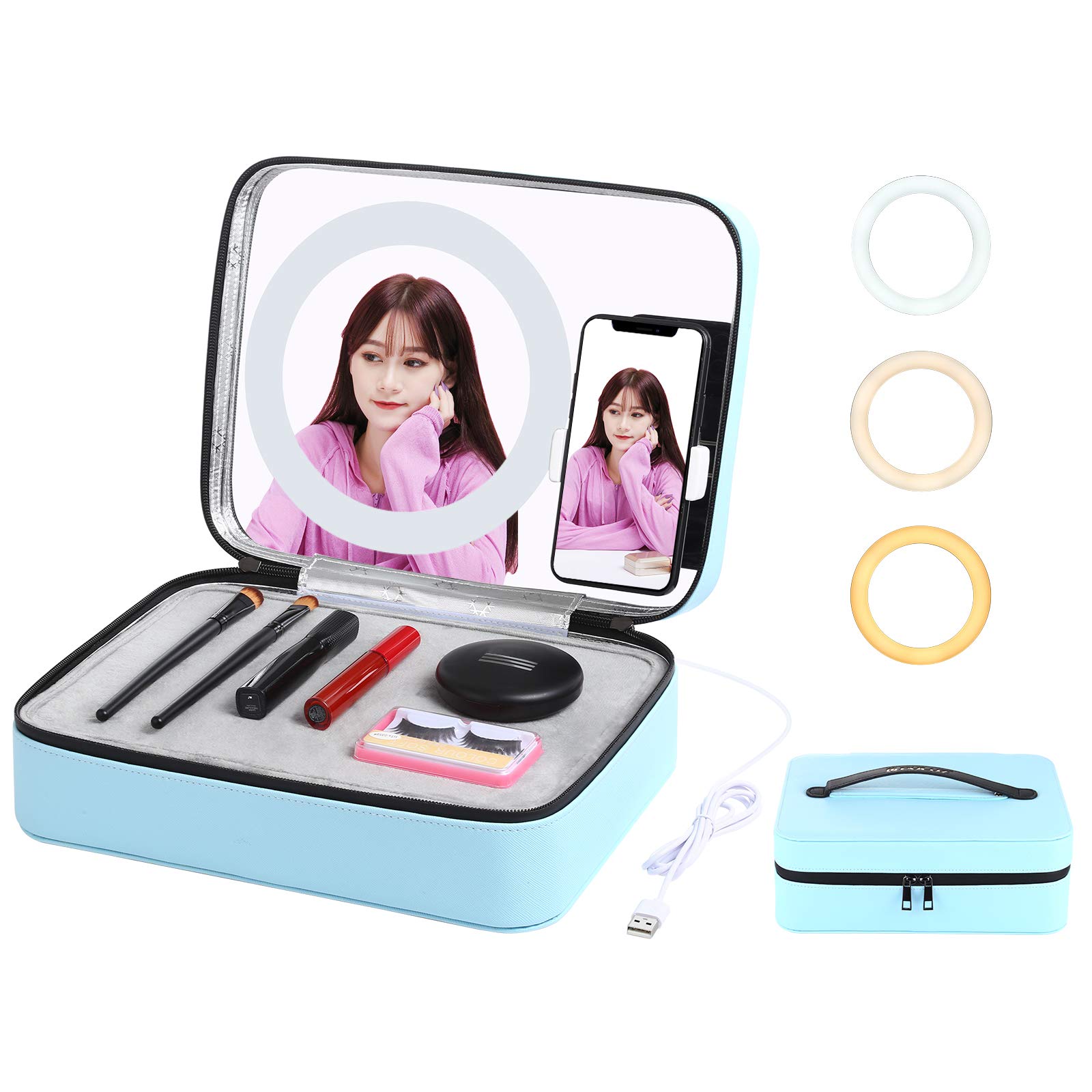 PULUZ Multifunctional Makeup Organizer & Cosmetic Storage Box with Ring Light, Mirror & Phone Clamp - Perfect for Live Streaming, Makeup Vanity, Photography & Video Recording (Blue)