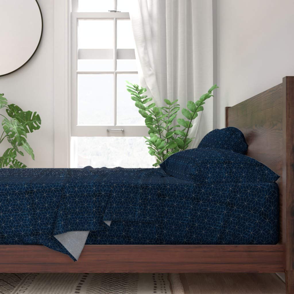Spoonflower 100% Cotton Twin 3-Piece Sheet Set - Japanese Inspired Indigo Circles Embroidery Print, Geometric Blue Custom Bedding for Cozy & Stylish Home Decor