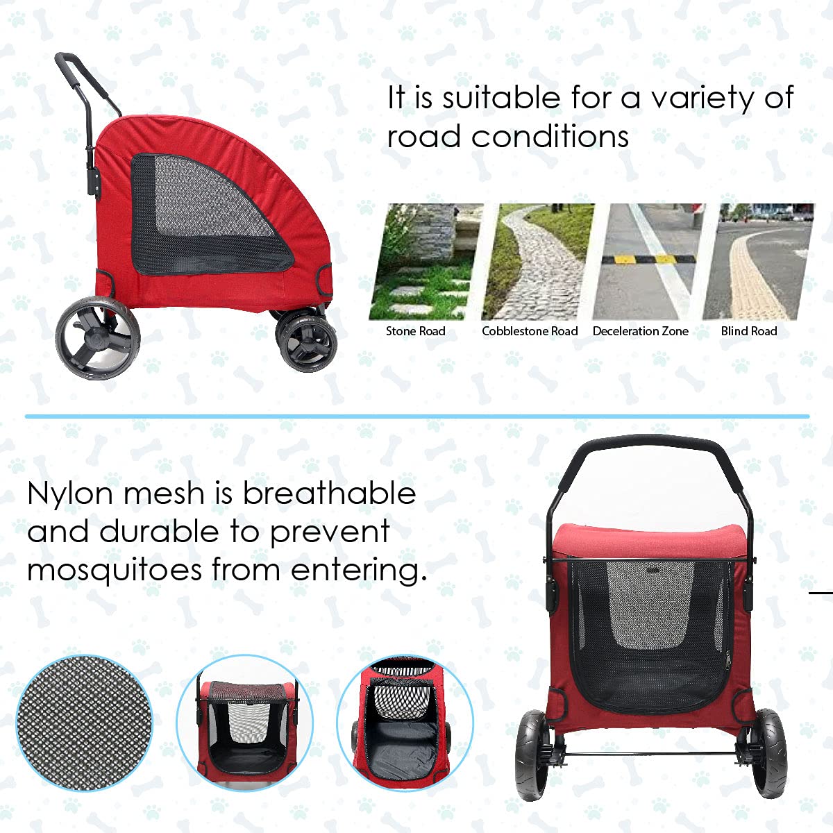 Foldable Pet Stroller for Dogs & Cats - Medium/Large Size with Rear Door, EVA Wheels, Brake System & Safety Leash | Travel Carrier with Mesh Windows (Red) | Perfect for Park Walks, Vet Visits & Outdoor Adventures