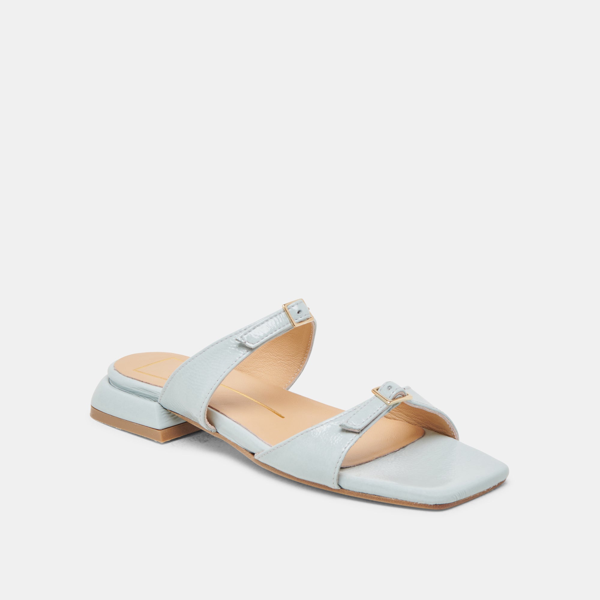 Lavern Sandals for Women - Ice Blue Crinkle Patent Leather Summer Sandals - Comfortable Casual & Beach Footwear for Outdoor Activities