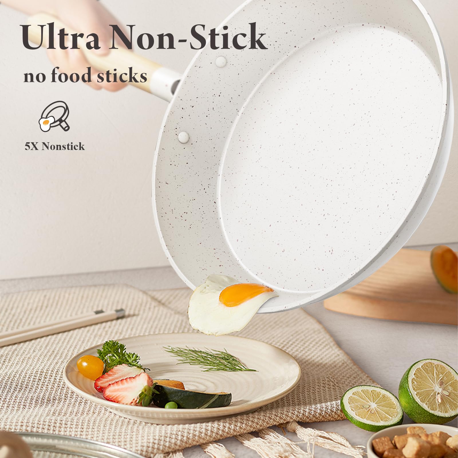 14-Piece Nonstick Ceramic Cookware Set - Large Capacity Pots and Pans with Utensils, PTFE/PFOA/PFAS Free, Healthy Induction Safe Kitchenware in Cream White - Perfect for Family Cooking & Professional Chefs