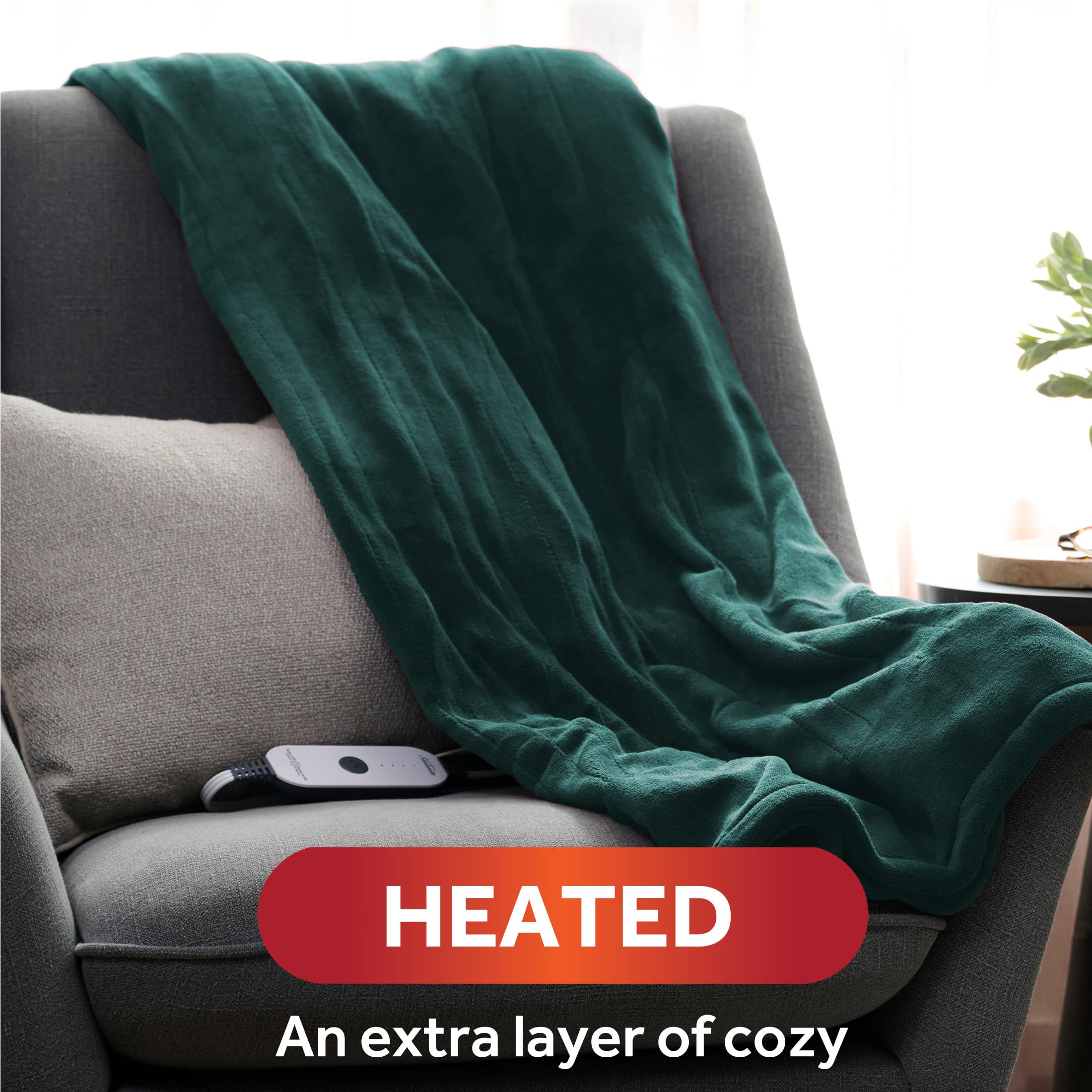 Sunbeam Royal Luxe Botanical Green Heated Throw Blanket - Ultra Soft & Cozy Electric Warming Blanket with 3 Adjustable Heat Settings - Perfect for Home, Office & Travel Use