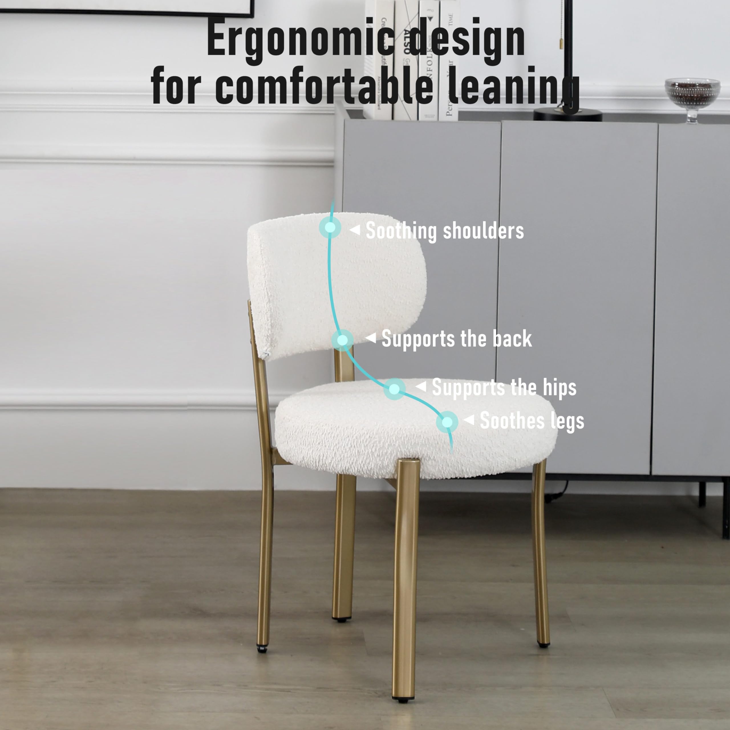 DYHOME Set of 2 White Upholstered Boucle Sherpa Dining Chairs - Mid Century Modern Kitchen Chairs with Gold Metal Legs for Dining Room, Breakfast Nook & Small Space Decor
