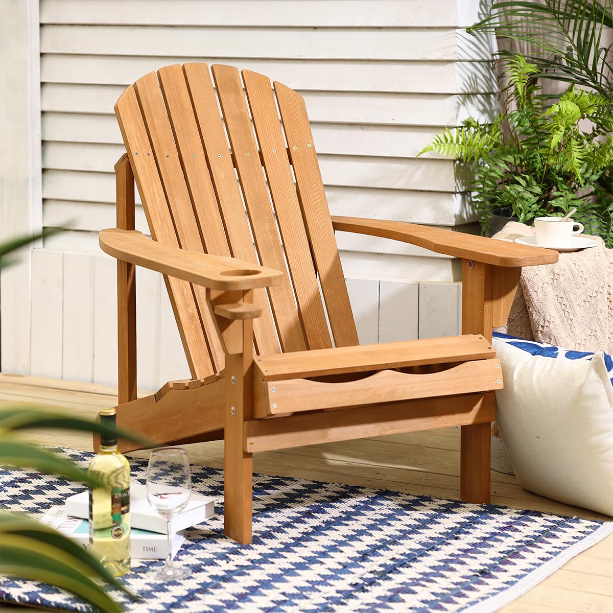 LuxenHome Folding Adirondack Chair - Sturdy Fir Wood Outdoor Lounge Chair with Cup Holder for Patio, Poolside, Garden & Backyard - Comfortable Oversized Fire Pit Seating for Relaxing & Lounging