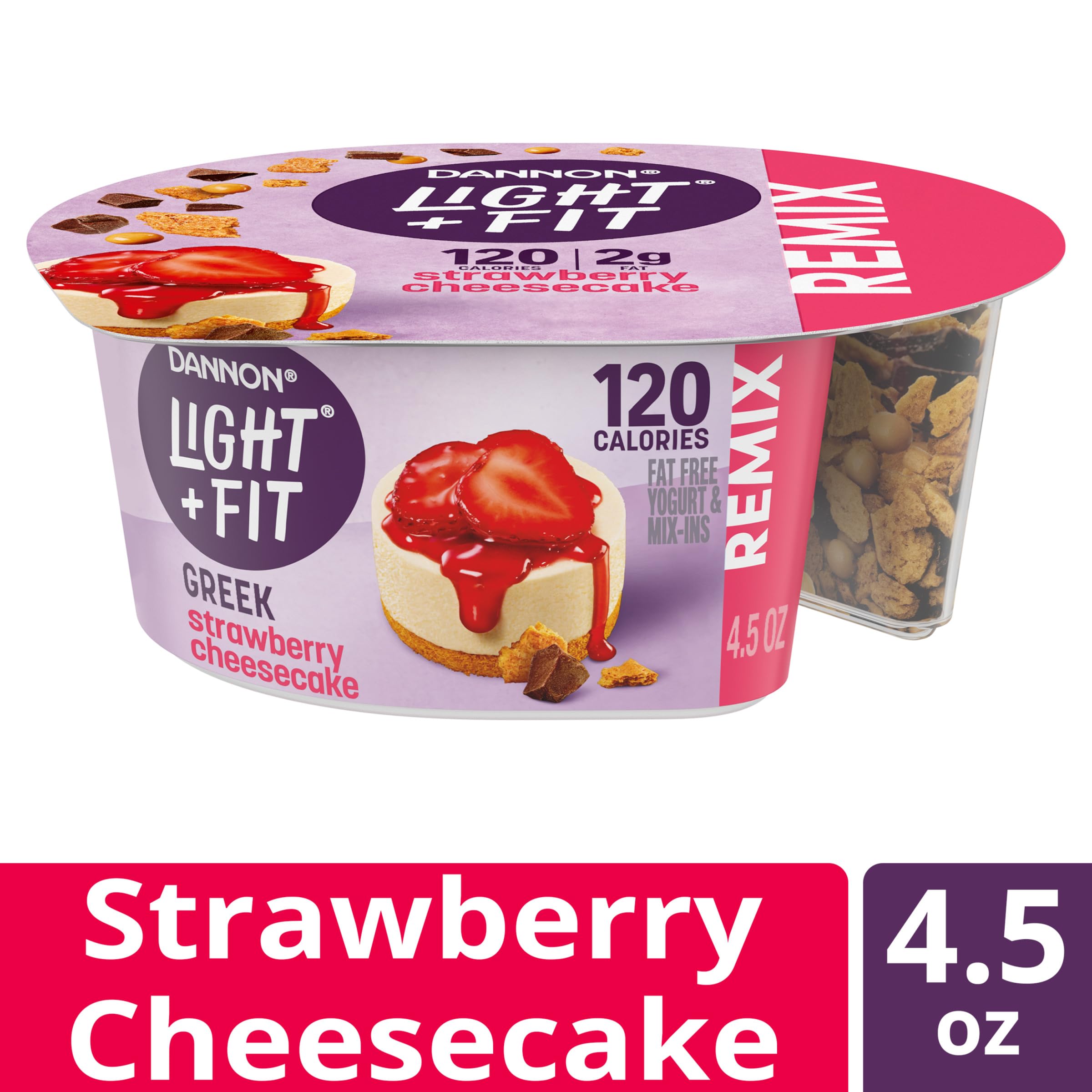 Light + Fit Nonfat Greek Yogurt with Strawberry Cheesecake Flavor, Graham Cookies, Caramel Pearls & Dark Chocolate Mix-Ins - 4.5oz Cups | High-Protein Snack for Breakfast, Office or Post-Workout