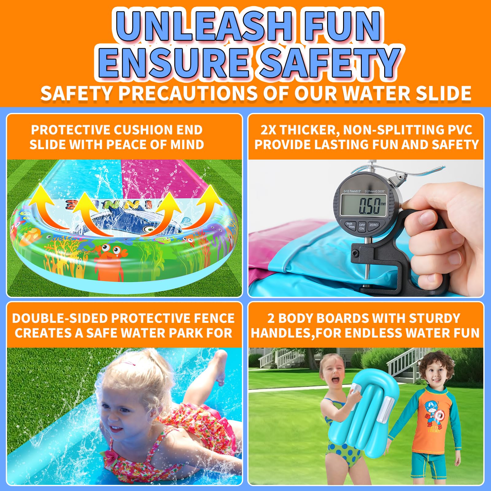 33FT x 6FT Extra Long Double Lane Inflatable Water Slide for Kids & Adults - Heavy Duty Backyard Water Park with Sprinkler System, 2 Inflatable Bodyboards & Safety Crash Pad - Perfect for Summer Parties, Family Gatherings & Outdoor Water Play Activities