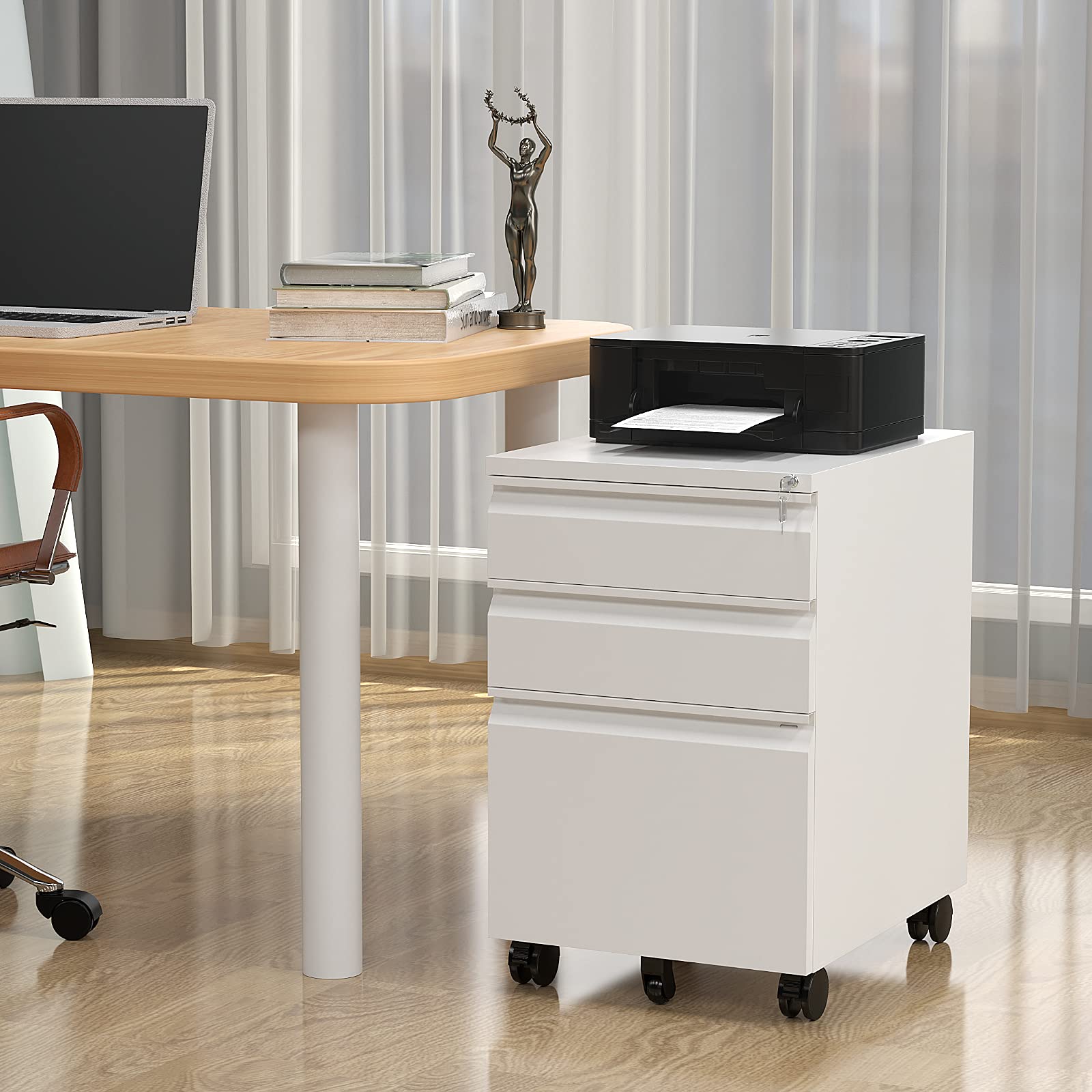 3-Drawer Locking Metal File Cabinet with Wheels - Mobile Vertical Storage for Office & Home - Fully Assembled (White) - Organize Documents, Files & Supplies in Style