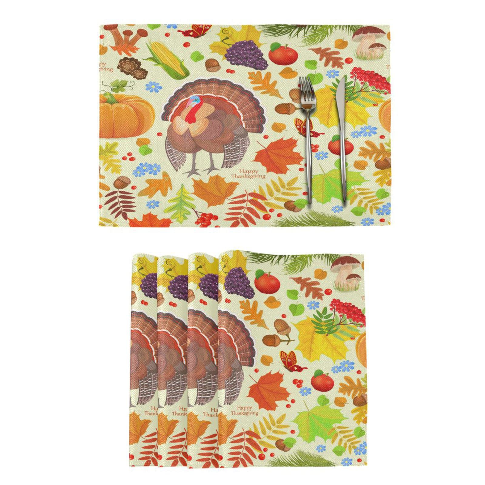 Premium Thanksgiving Placemats Set of 4 - Colorful Autumn Turkey Design, Washable & Heat Resistant 12x18 Inch Table Mats for Kitchen Dining Decor | Perfect for Holiday Gatherings, Family Dinners & Festive Table Settings