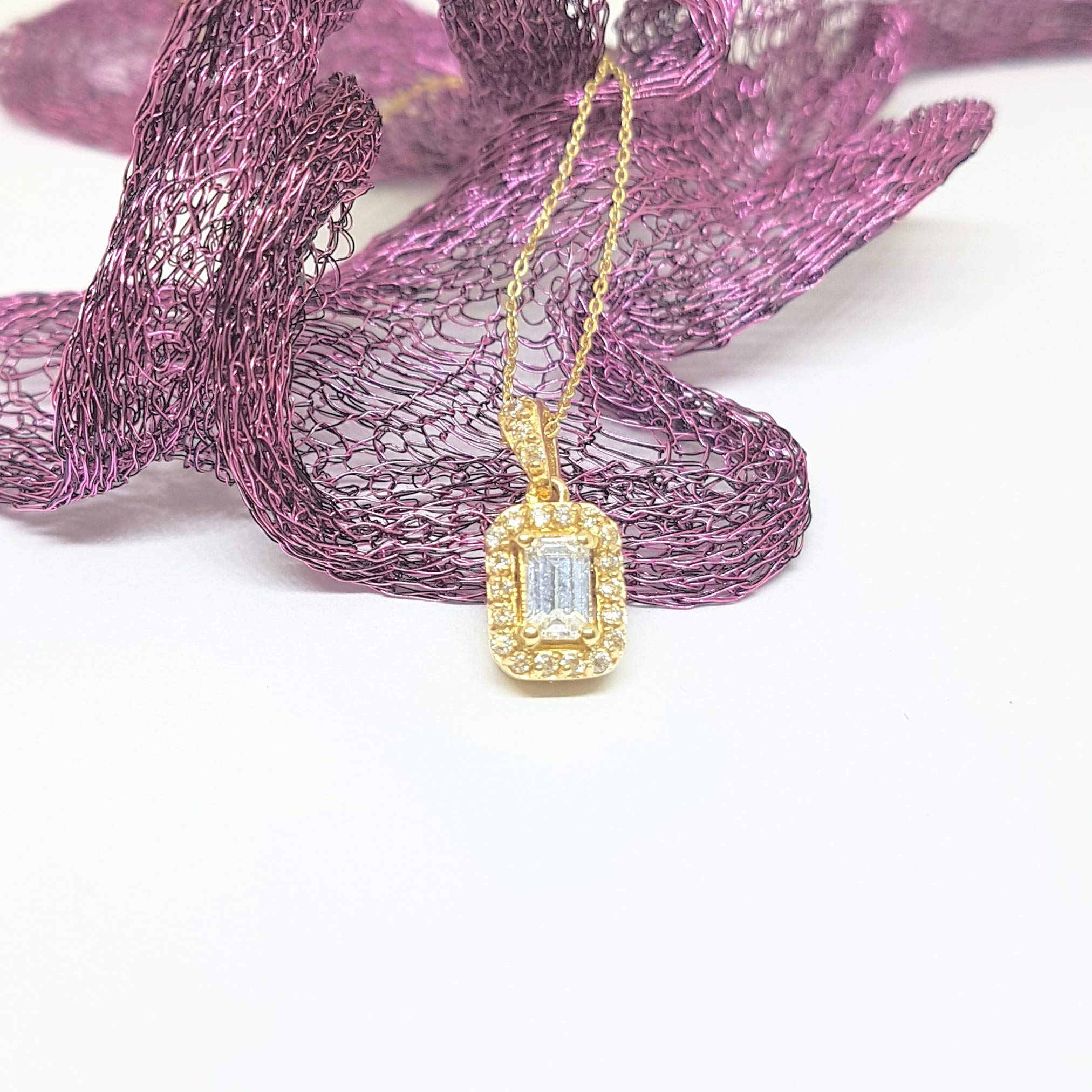 14K Real Solid Gold Baguette Halo Charm Pendant Necklace for Women - Elegant Jewelry Gift for Wife, Girlfriend, Mom - Perfect for Birthday, Anniversary & Special Occasions