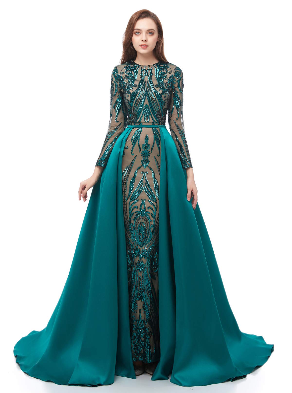 Elegant Long Sleeve Sequin Mermaid Evening Dress with Detachable Train - Women's Formal Party Gown for Prom, Wedding, and Black Tie Events