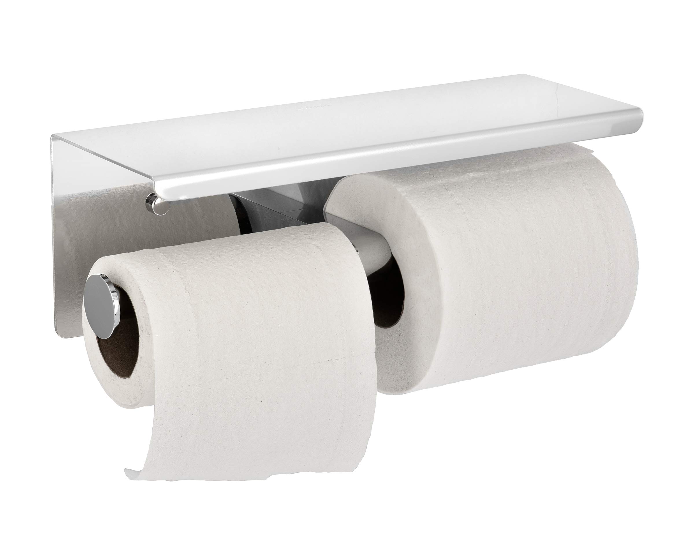 Alpine Industries Double Toilet Paper Holder with Shelf - Wall Mounted Bathroom Tissue Dispenser | Brushed Chrome Finish | Perfect for Small Bathrooms & Powder Rooms | Space Saving Storage Solution