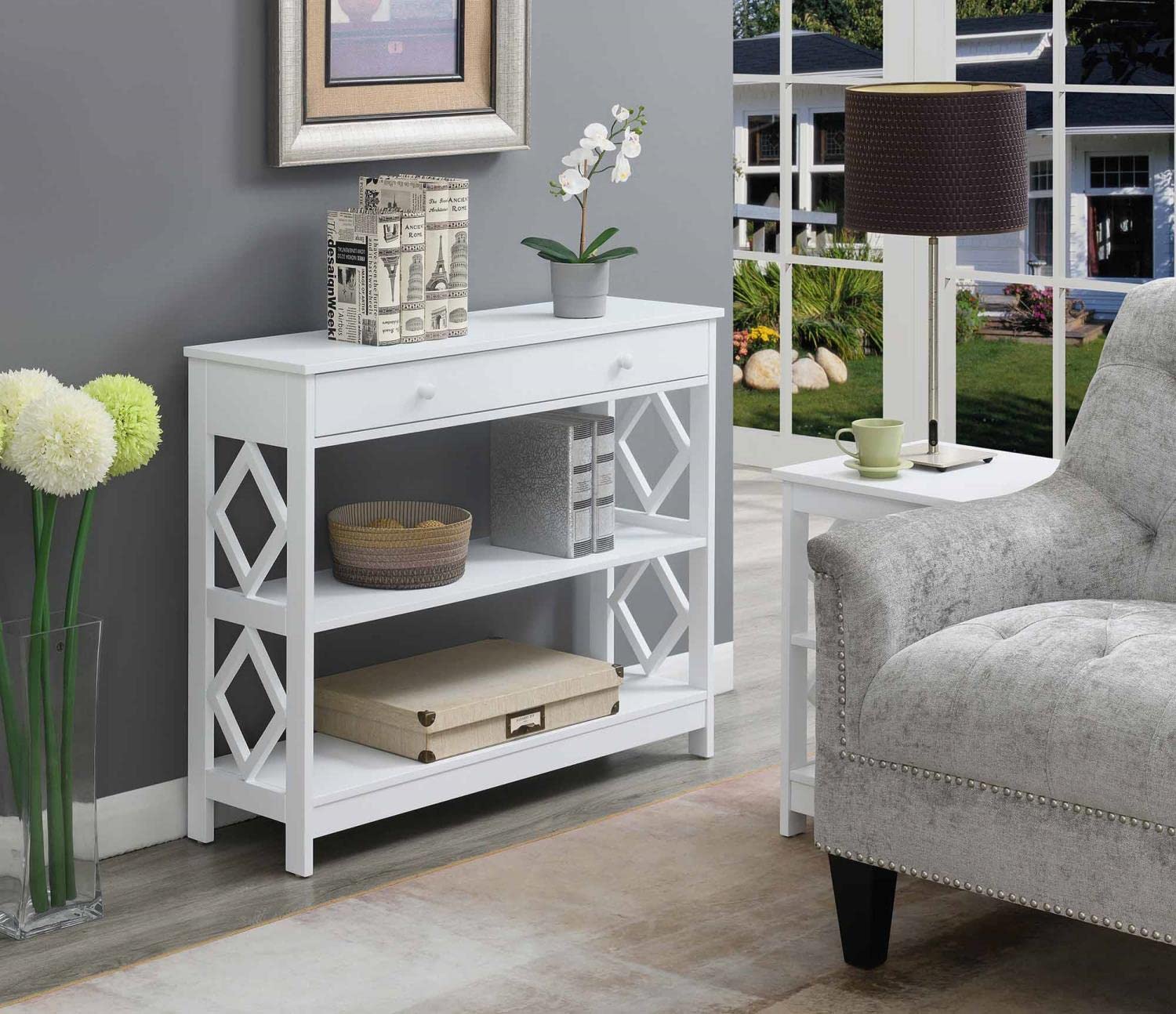 Convenience Concepts Diamond 1 Drawer Console Table - White Entryway Sofa Table with Storage for Living Room, Hallway & Bedroom Decor