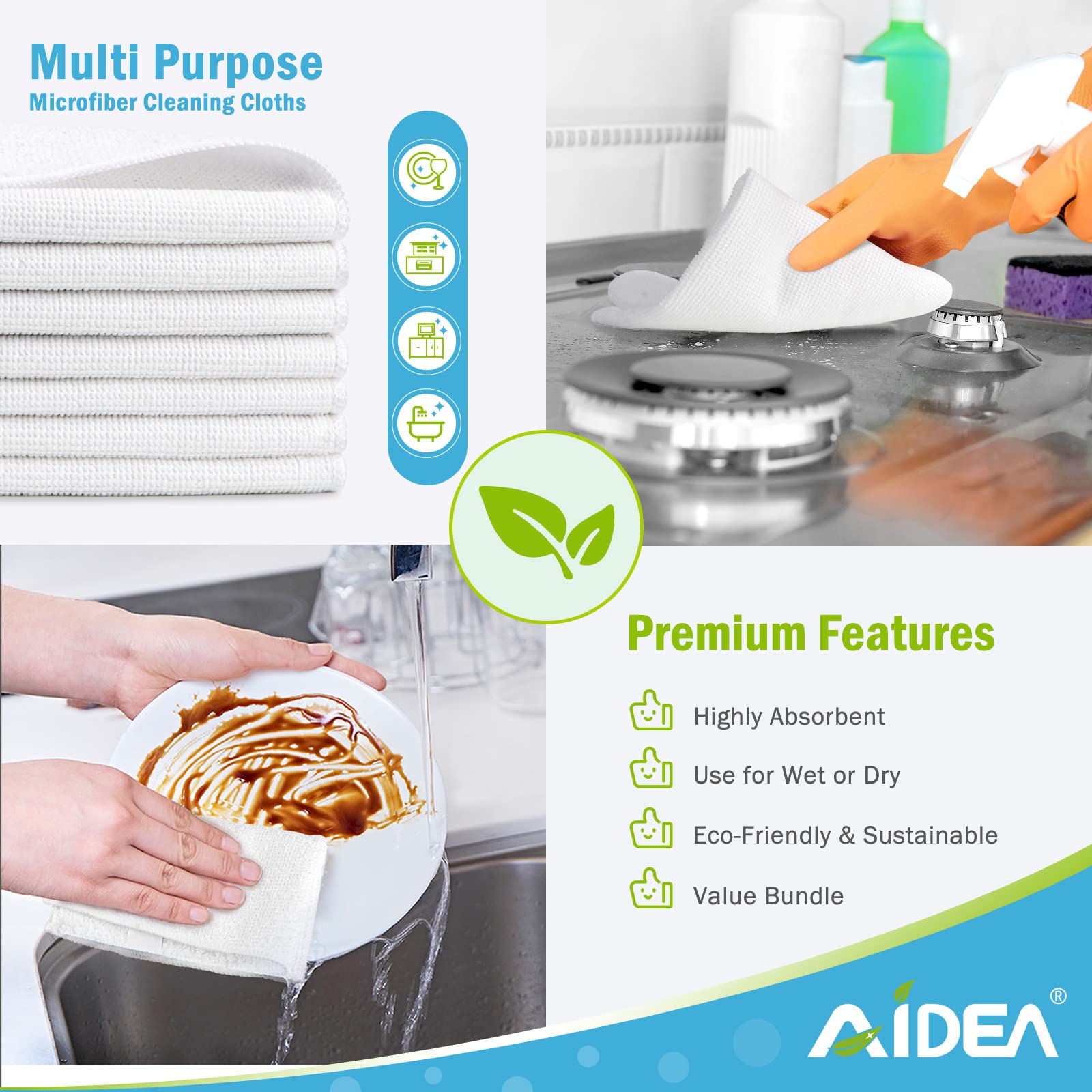 Premium AIDEA White Microfiber Cleaning Cloths 24-Pack - Super Absorbent, Lint-Free & Scratch-Free Wash Rags for Kitchen, Bathroom & Car Detailing - 11.5
