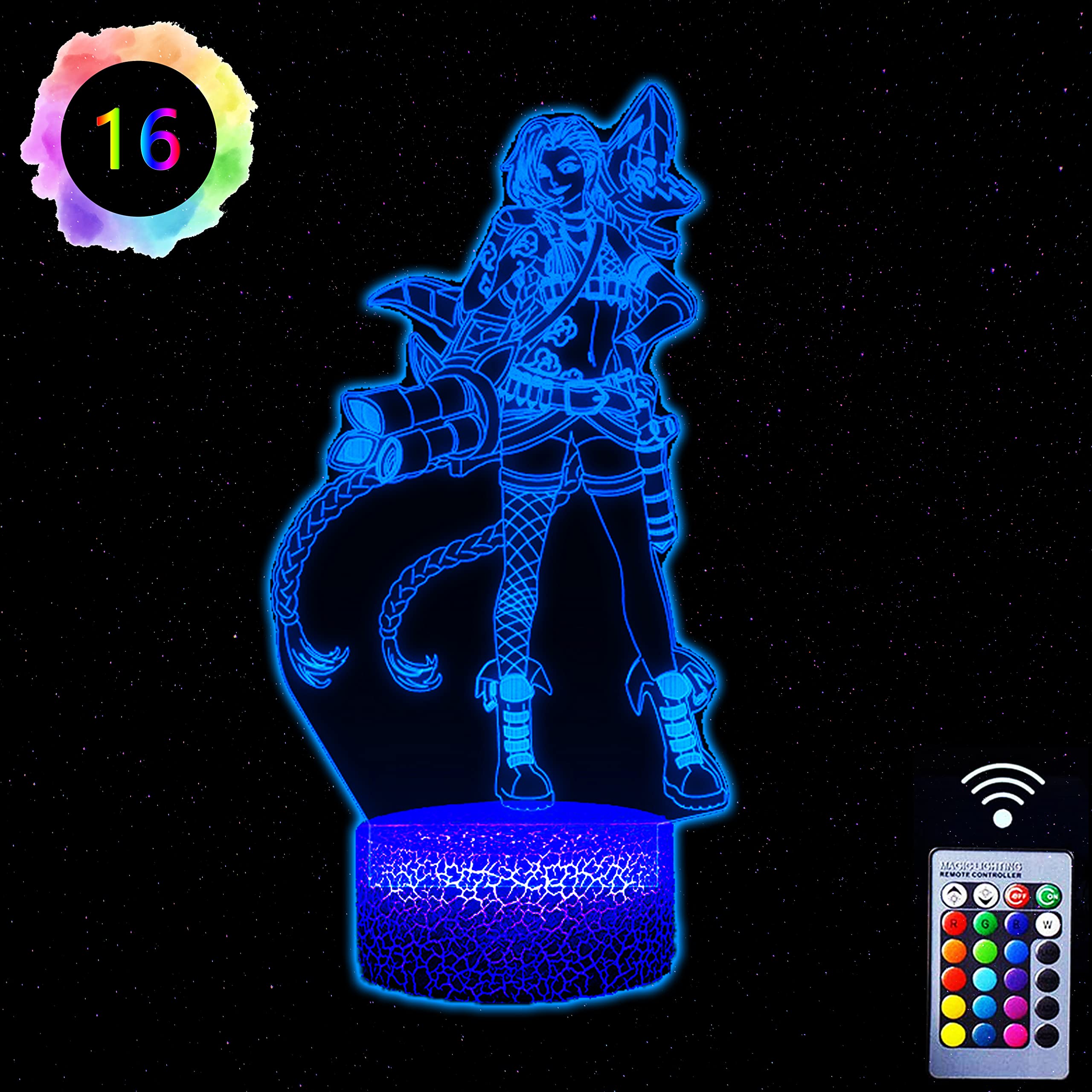 Jinx Arcane 3D Illusion Lamp - 16 Color Changing LED Night Light for Kids Room Decor | Anime Party Decorations & Birthday Gifts for Girls Boys | Perfect for Bedroom, Gaming Room & Themed Parties