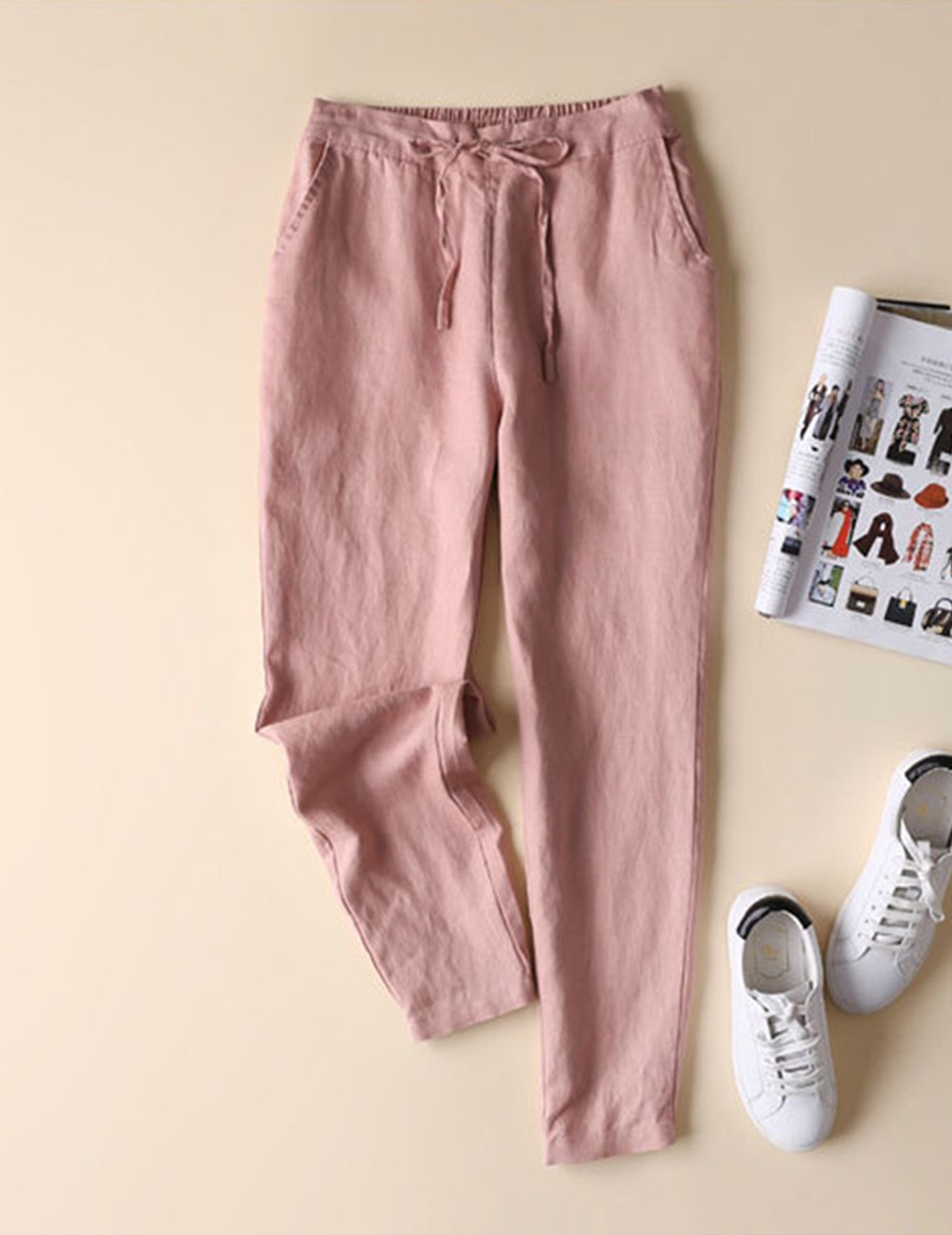 IXIMO Women's Tapered Linen Pants - 100% Natural Linen, Drawstring & Elastic Waist, Ankle Length - Perfect for Office, Travel & Casual Wear